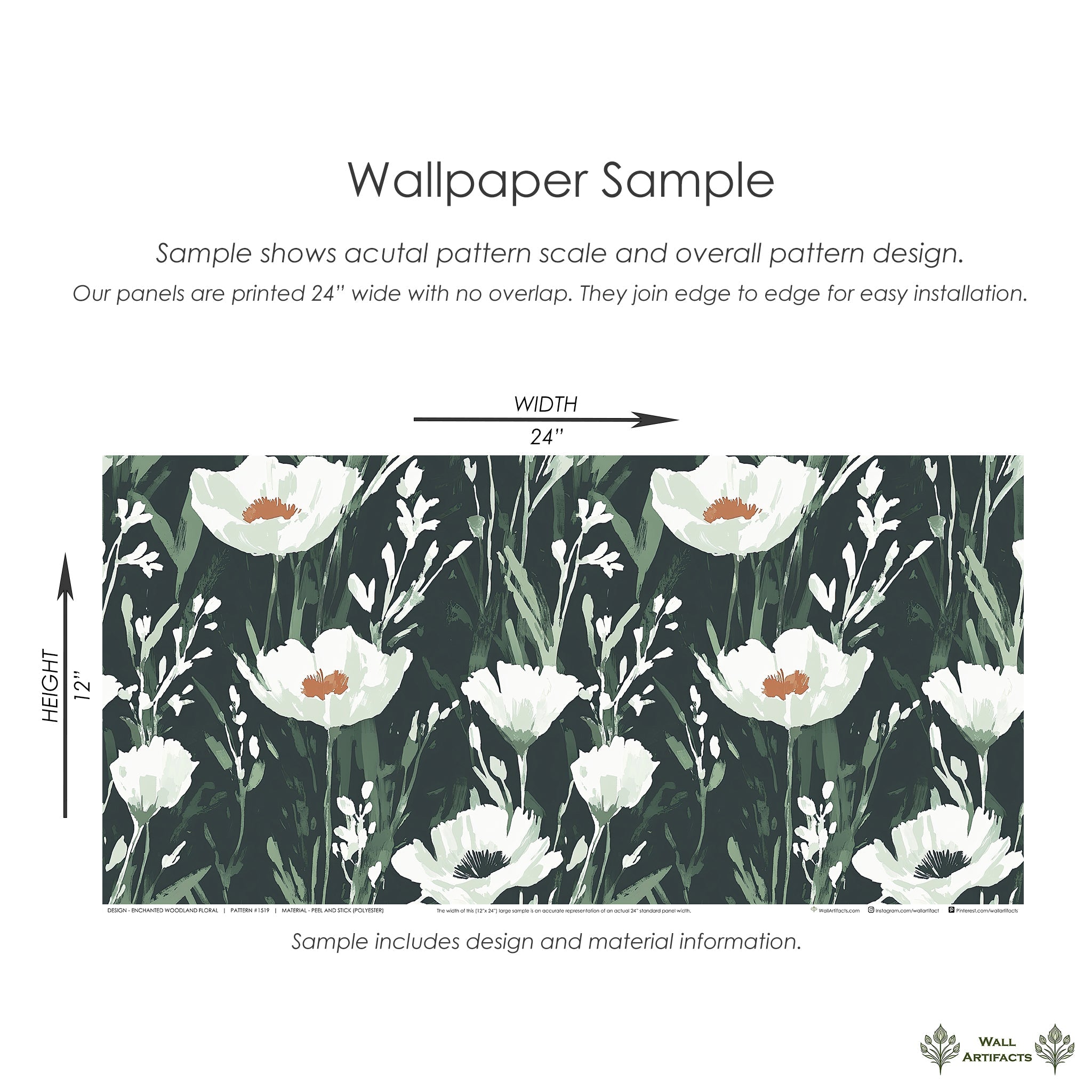 Enchanted Woodland Floral Wallpaper sample with wildflowers showcasing white flowers and green stems on a deep forest backdrop.