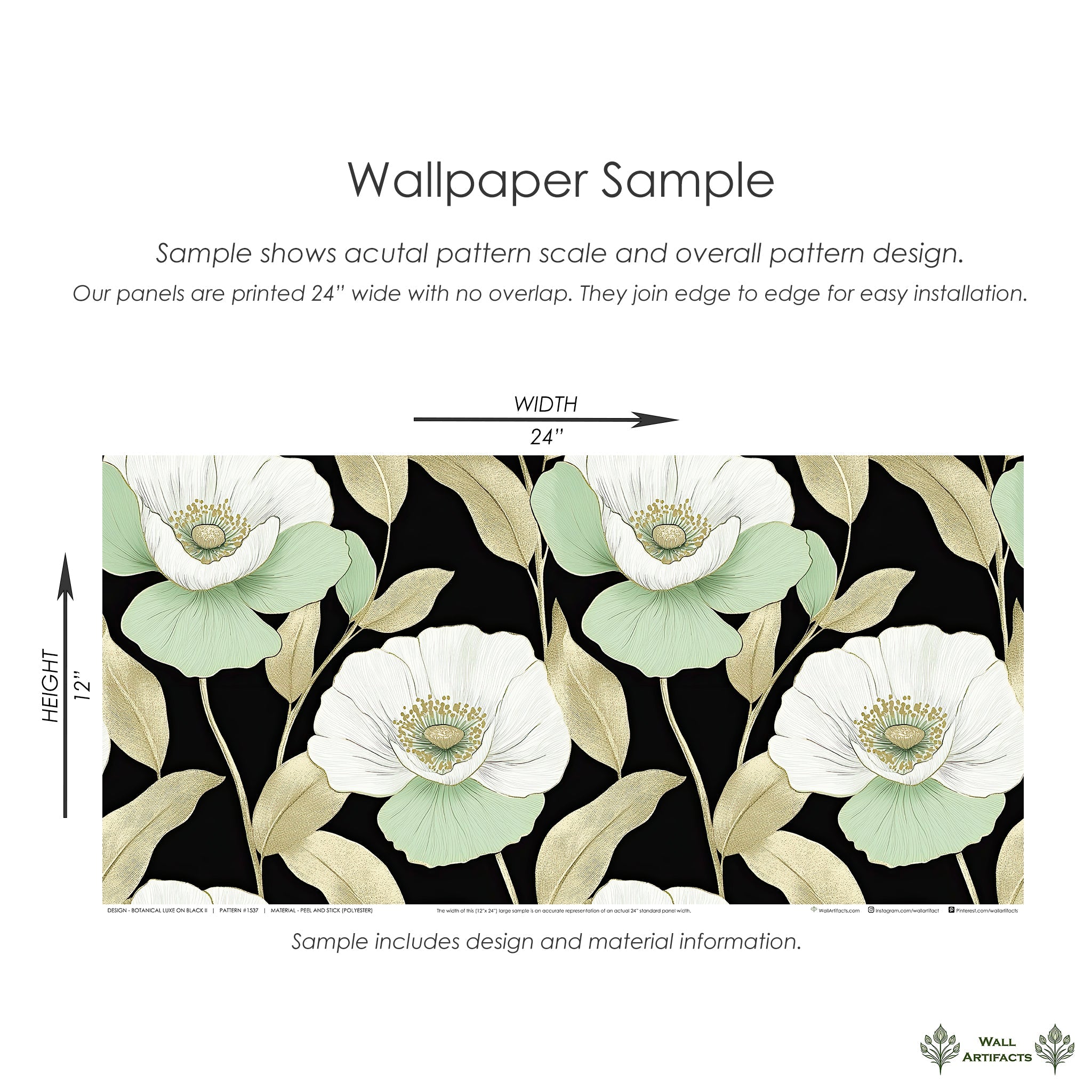 Botanical Luxe on Black II wallpaper with white flowers, mint-green petals, golden leaves on black background.