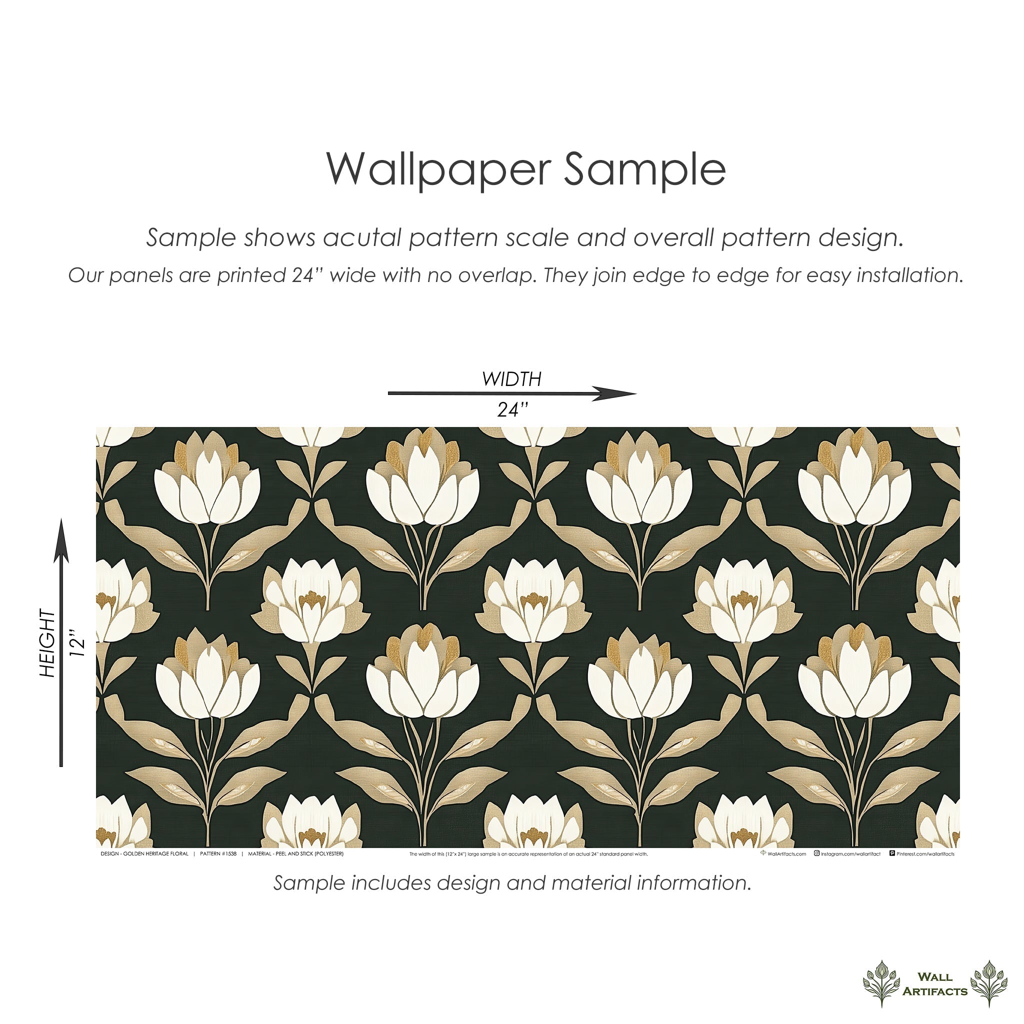 Golden Heritage Floral wallpaper with ivory and gold Art Nouveau flowers on dark green background, showcasing vintage elegance, 24"x24" panel.