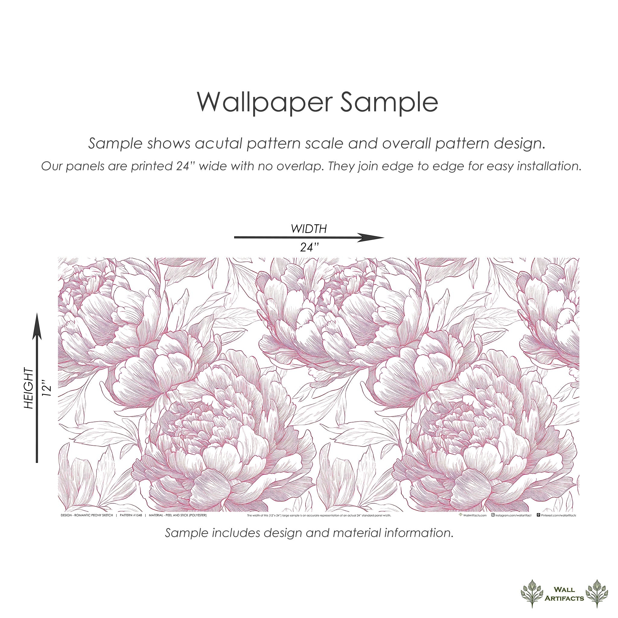 Sample of Romantic Peony Sketch wallpaper featuring monochromatic peony flowers in red, pink, white on a 24x12 inch panel.