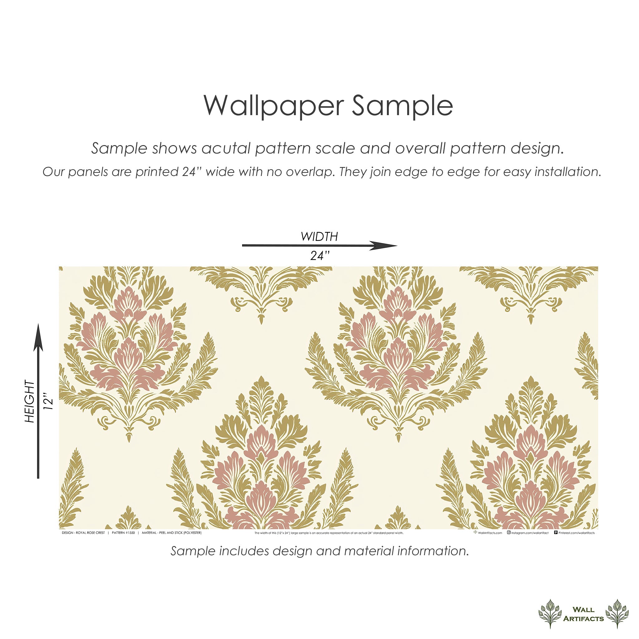 Royal Rose Crest wallpaper sample with floral damask design in pink, gold, and tan colors. Ideal for vintage or retro interiors.