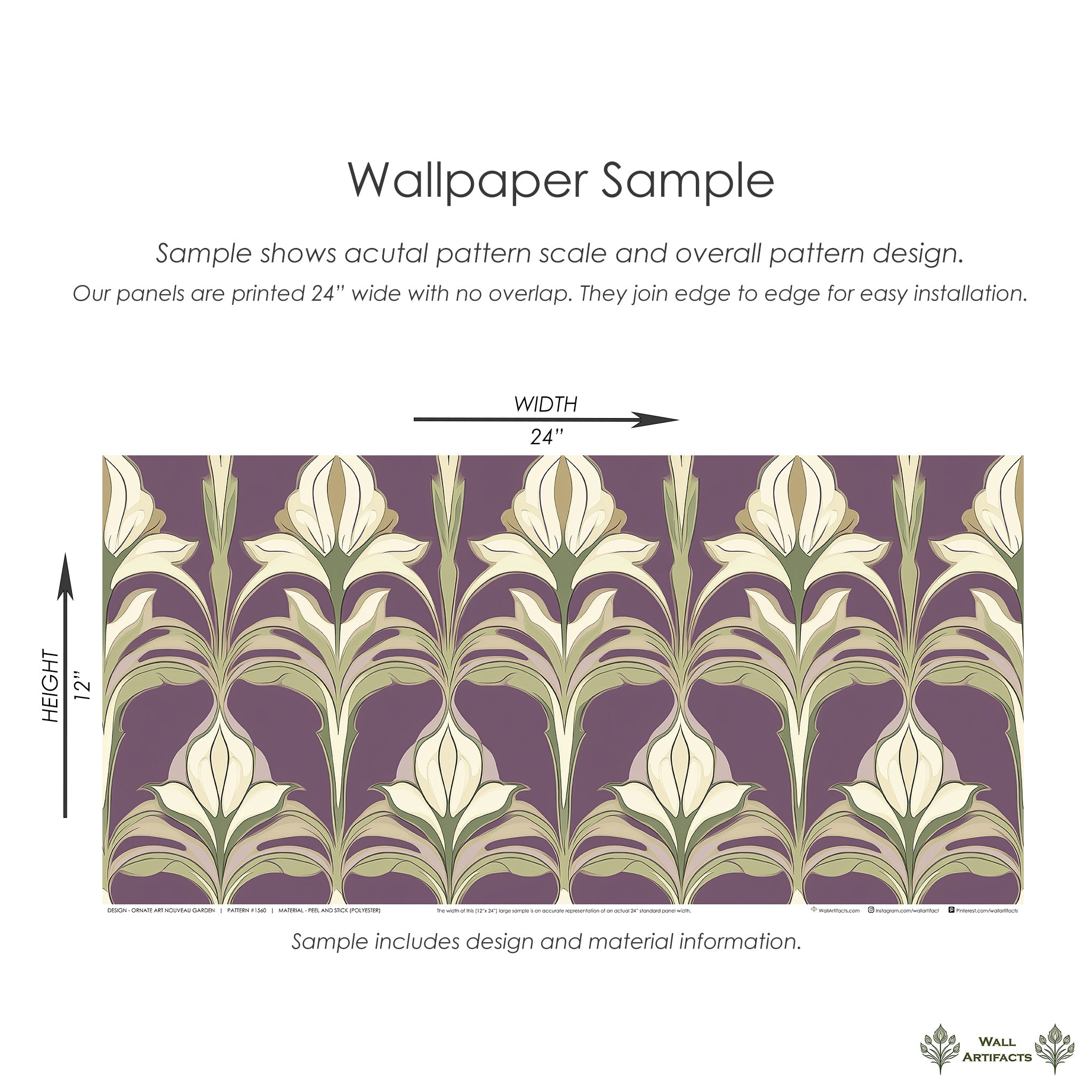 Ornate Art Nouveau Garden wallpaper sample with elegant floral patterns in ivory and sage on a rich purple damask background.