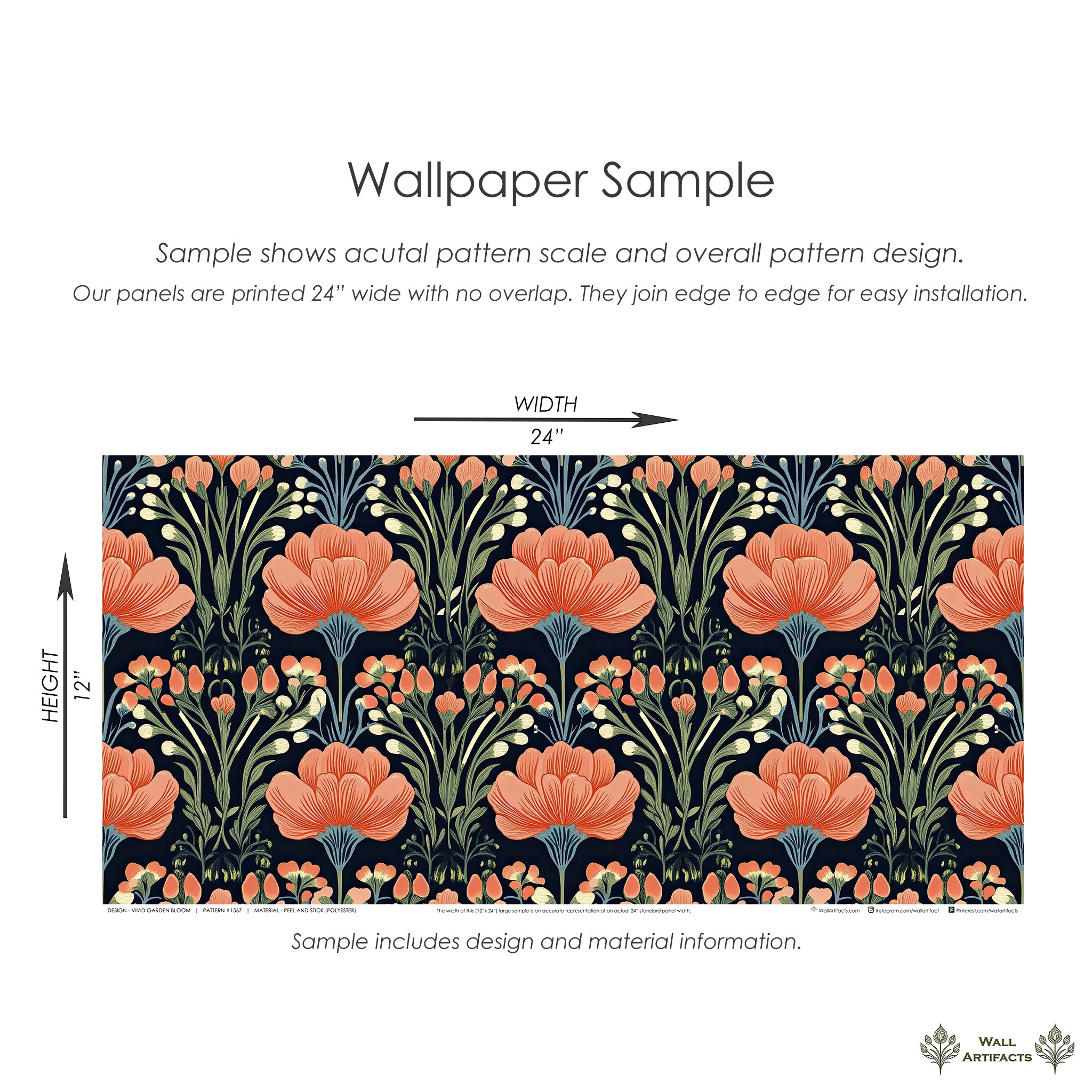 Floral wallpaper sample featuring coral and salmon blooms on black, 24x12 inches, highlighting intricate botanical design with vintage charm.
