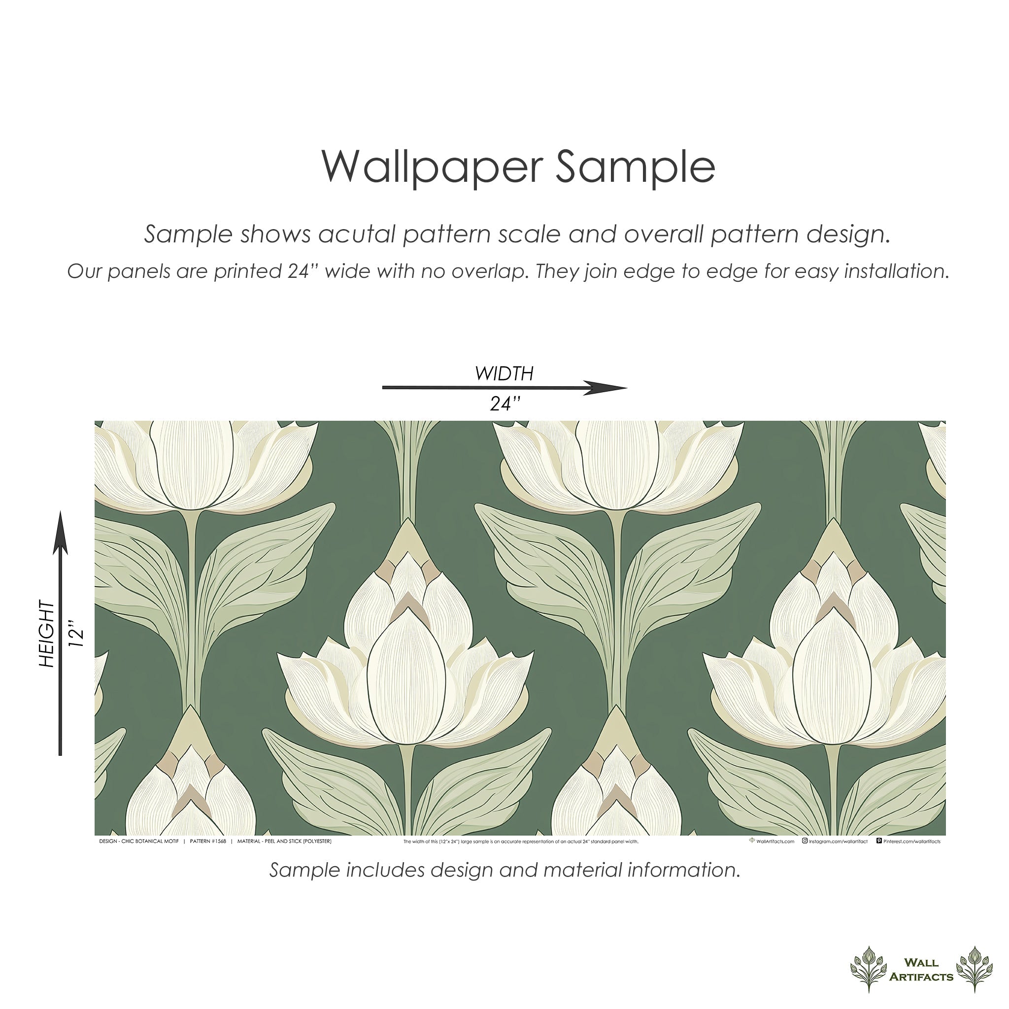 Art nouveau floral wallpaper with ivory blooms on sage green background, showcasing scale and seamless 24x12" panel for home decor.