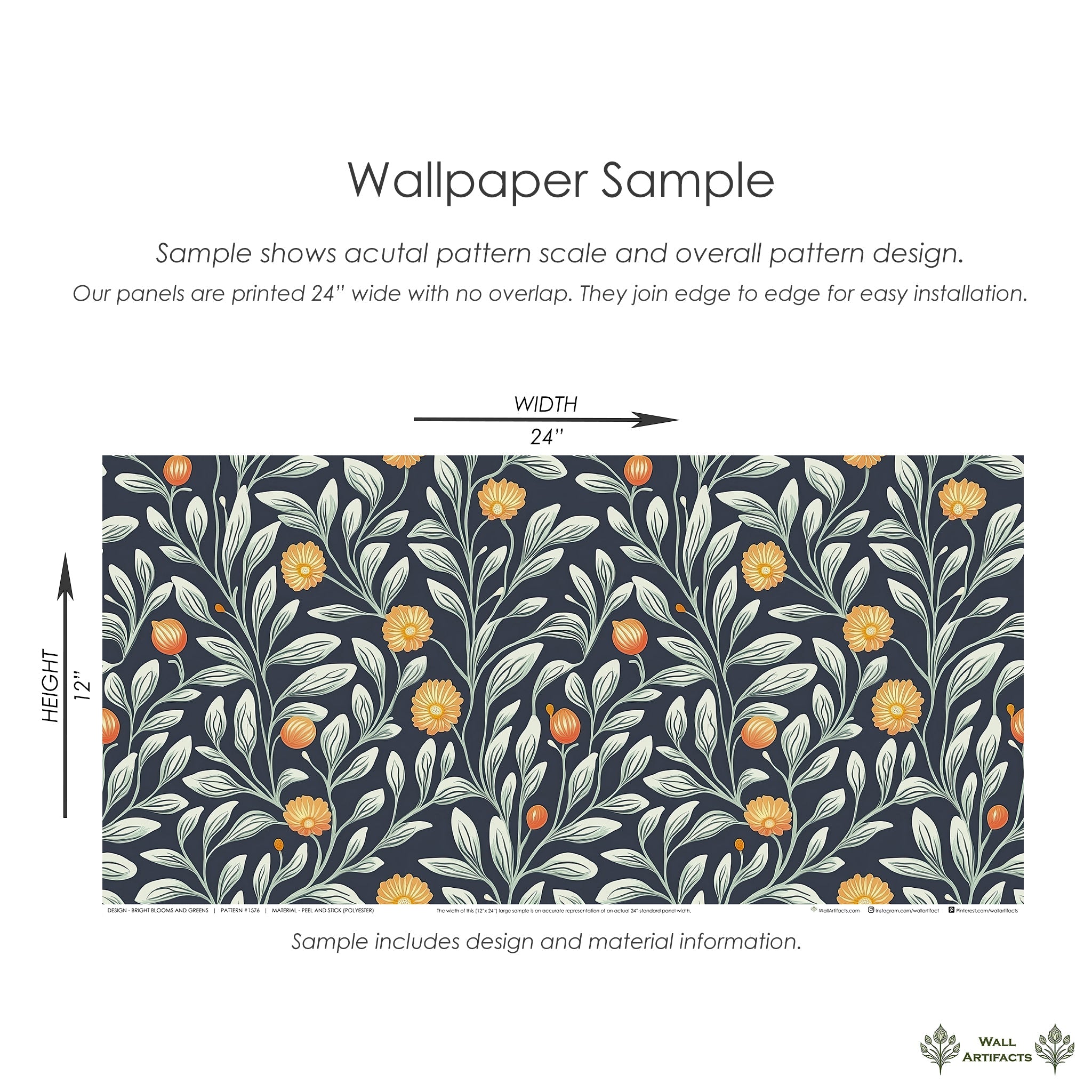 Floral wallpaper sample with soft leafy vines and golden-orange flowers on a navy background, showcasing 24x12 inch pattern scale.