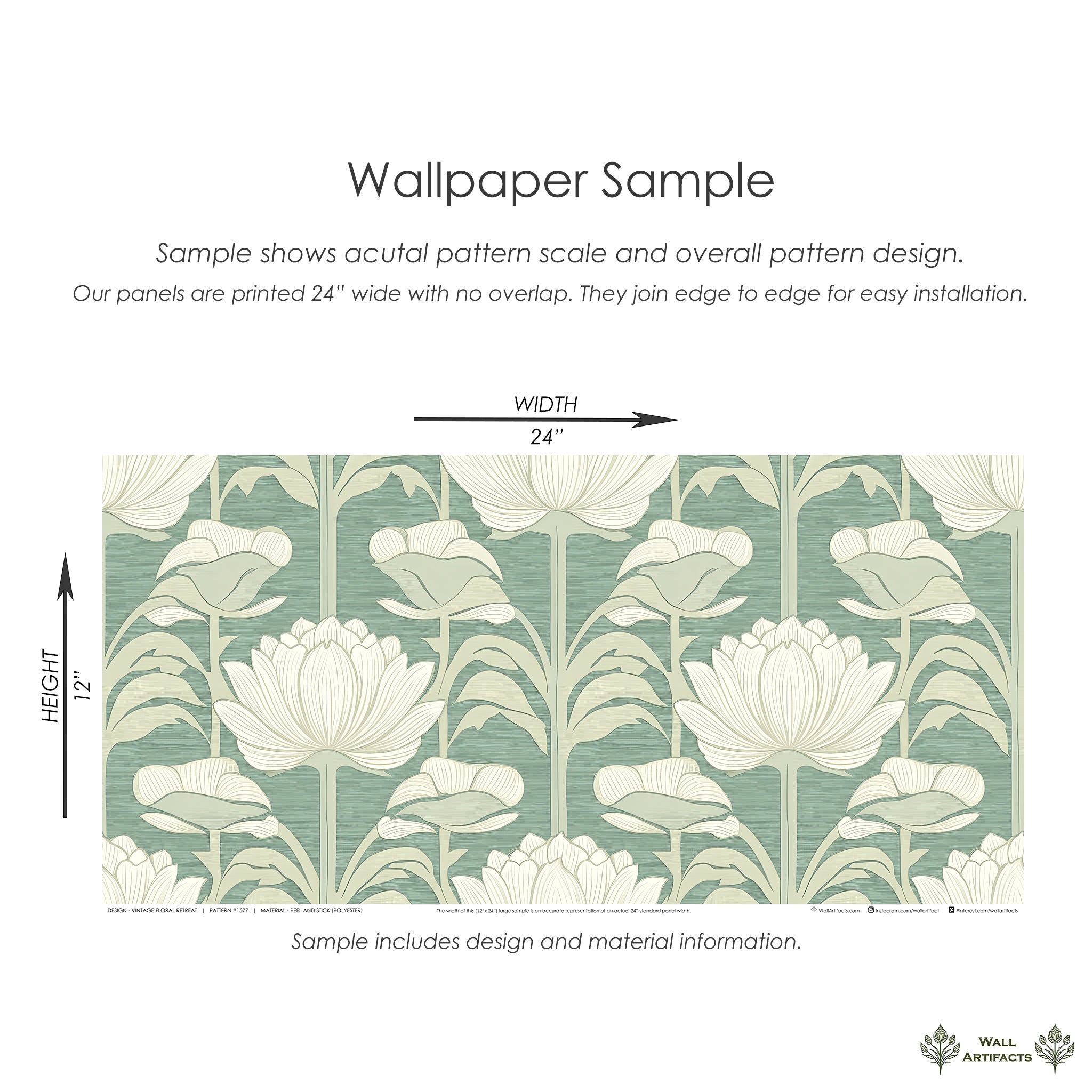 Vintage Floral Retreat art nouveau damask wallpaper sample with ivory flowers on muted green background, 24x12 inches.