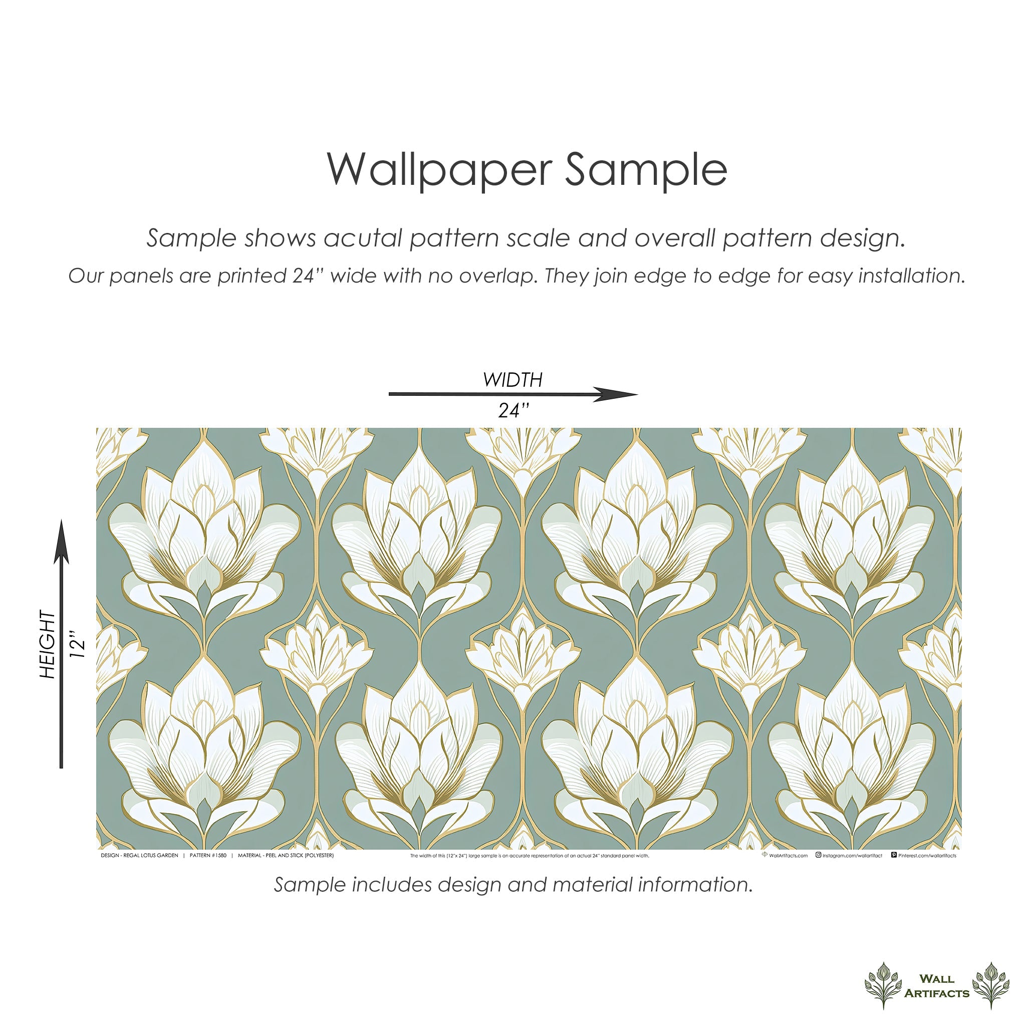 Regal Lotus Garden wallpaper sample with ivory lotus flowers on soft green, featuring metallic gold accents, 24x12 inch panel.