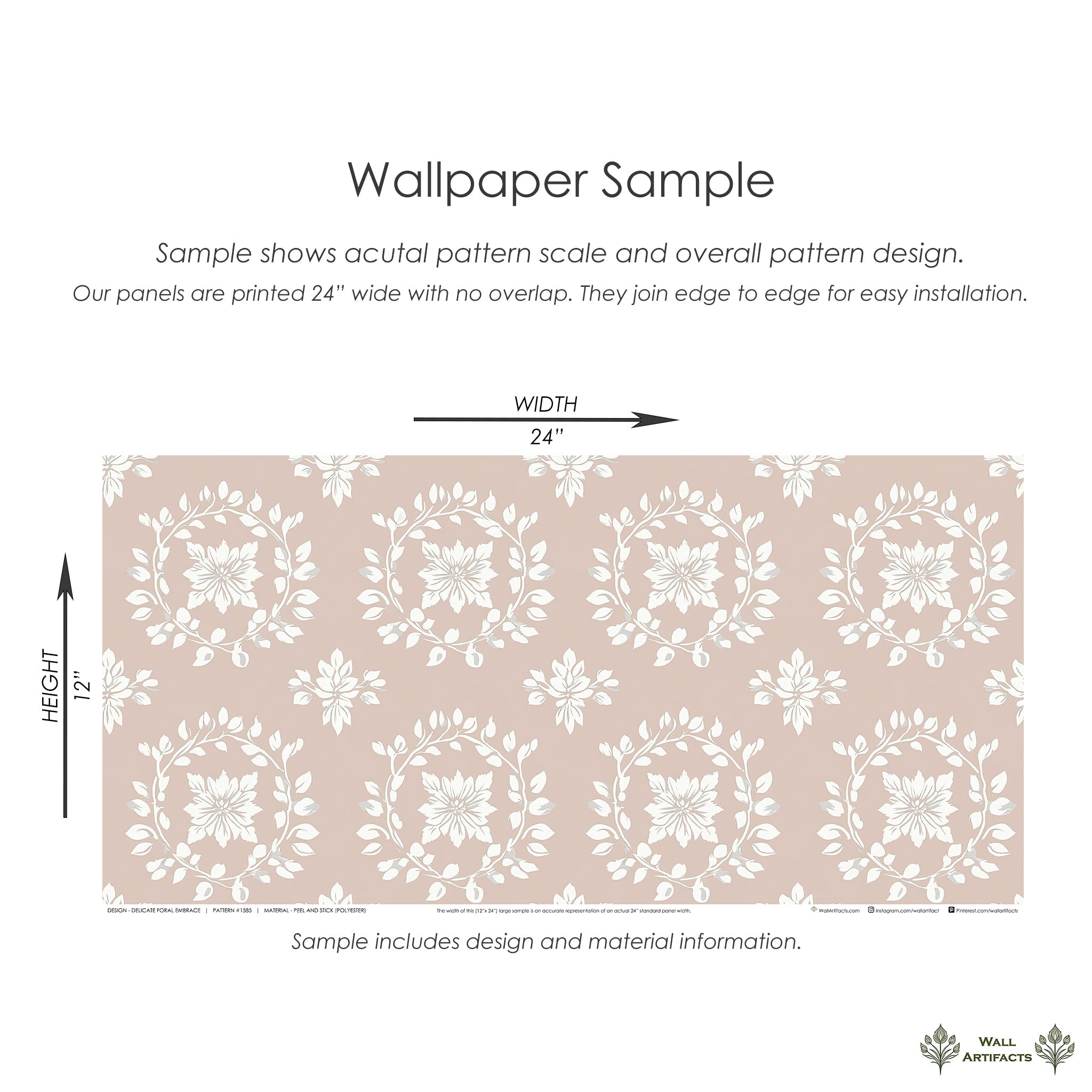 Delicate Floral Embrace wallpaper sample with ivory laurel wreaths and flowers on a blush background, perfect for traditional interiors.