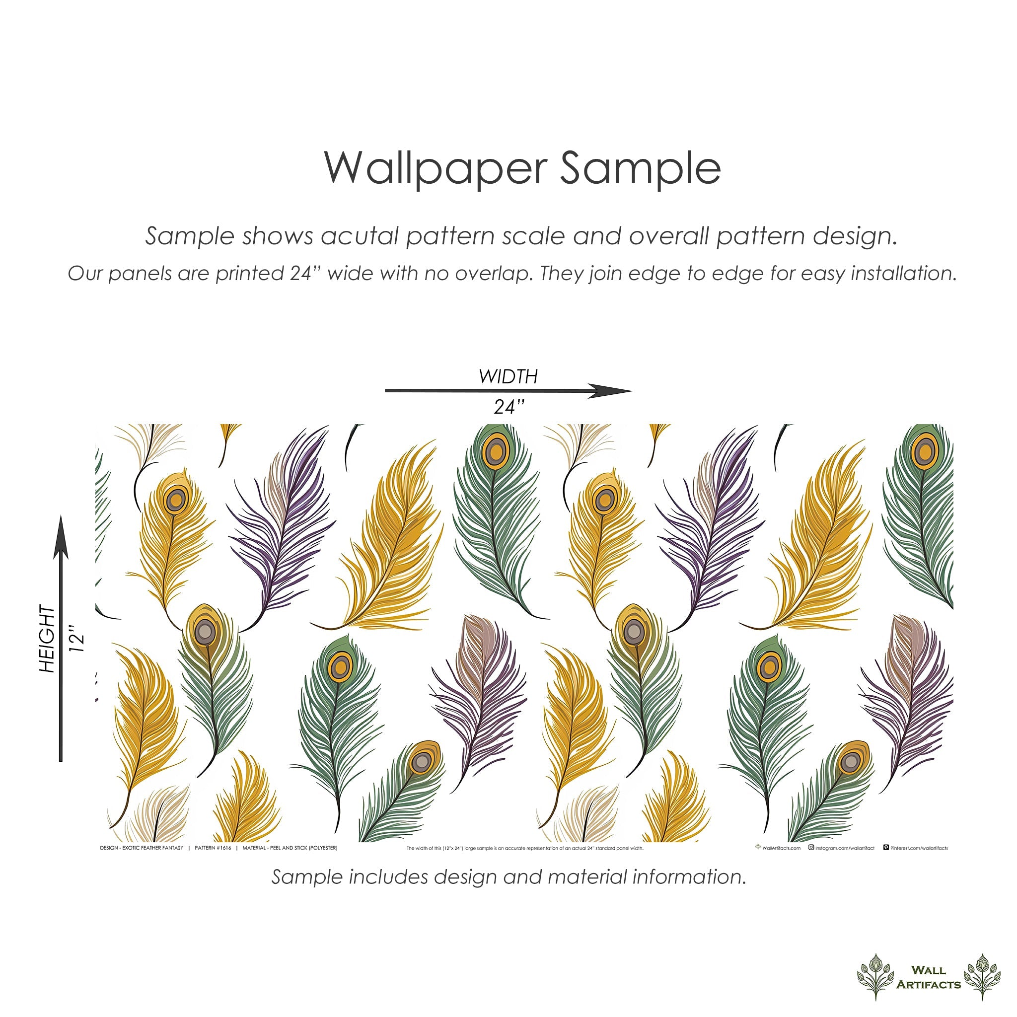 Sample of Feather Fantasy wallpaper featuring vibrant peacock feathers in mustard gold and emerald green.