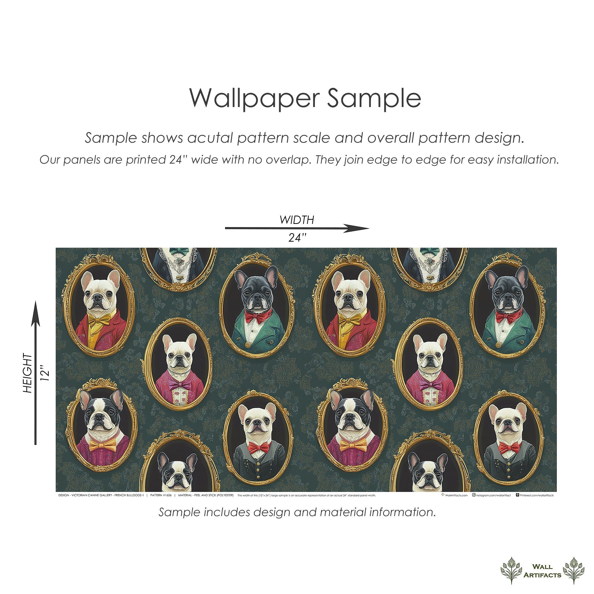 Wallpaper sample featuring French Bulldogs in ornate frames, showcasing Victorian style and modern art elegance.