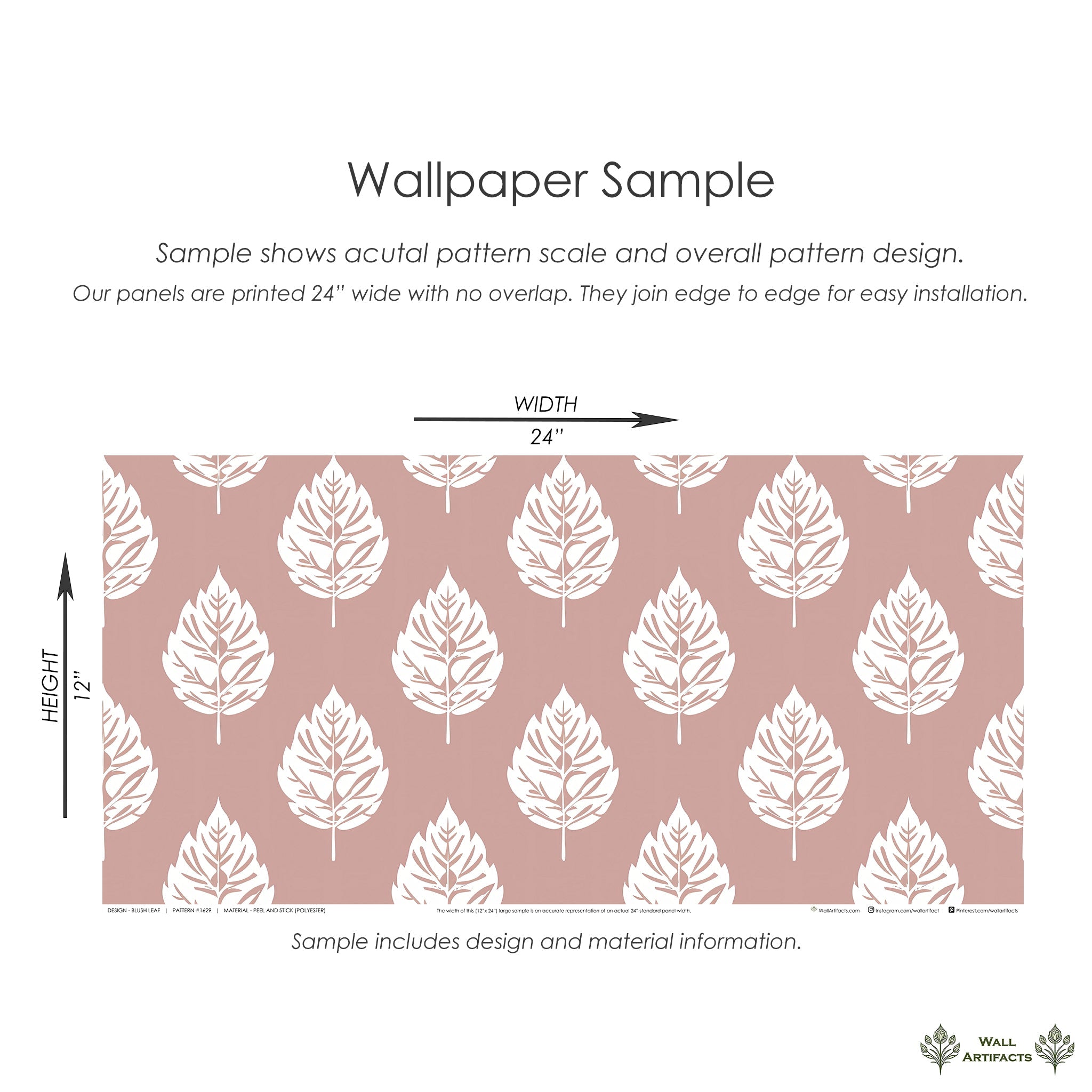 Blush Leaf wallpaper sample showing white leaves on a muted pink background, highlighting pattern scale and design.