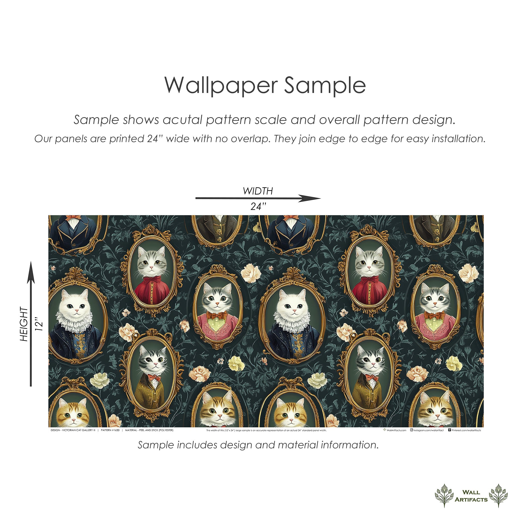 Wallpaper sample featuring whimsical cat portraits in ornate frames, showcasing Victorian-style design and pattern scale.