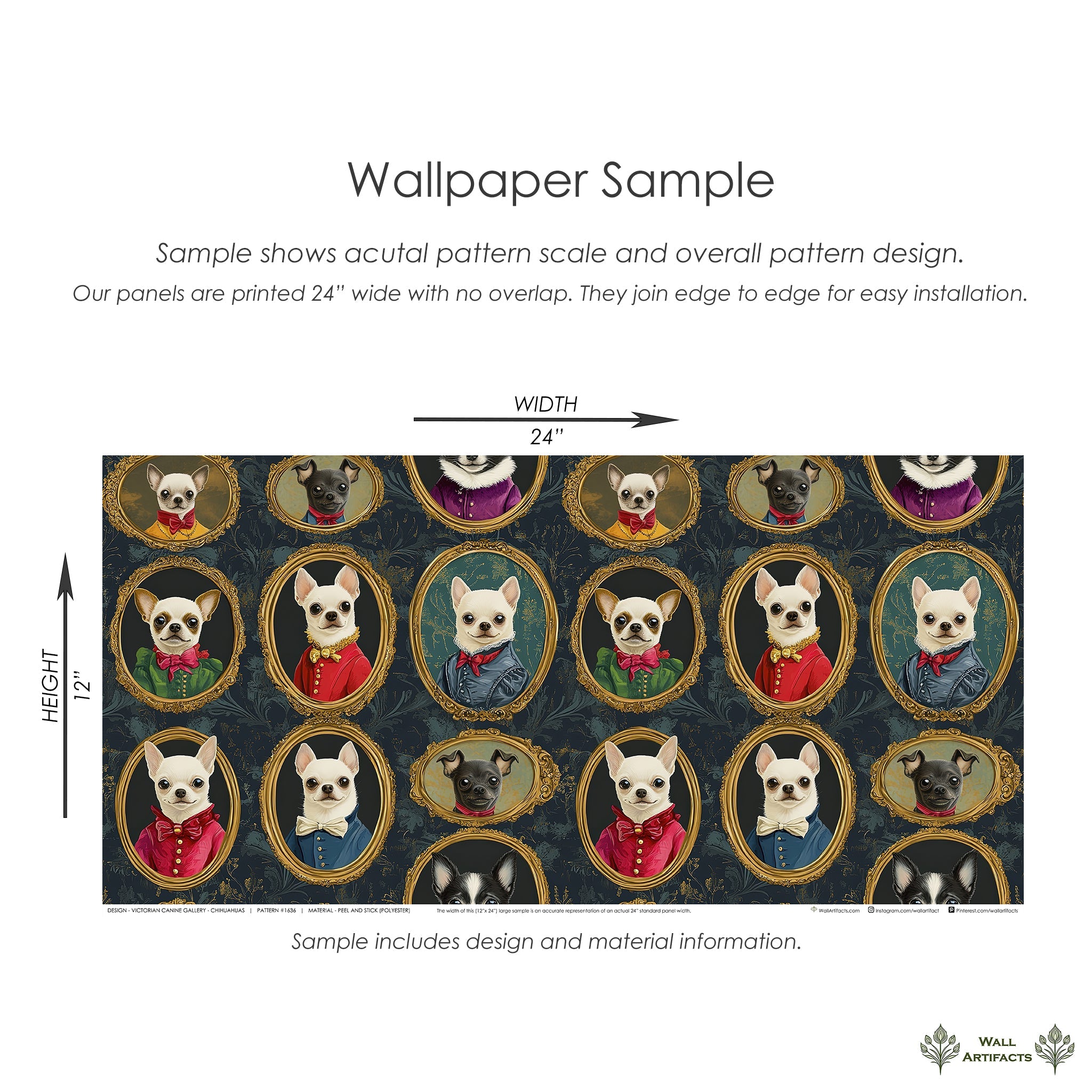 Sample of Victorian Canine Gallery wallpaper featuring Chihuahuas and dogs in ornate frames, showing pattern scale.