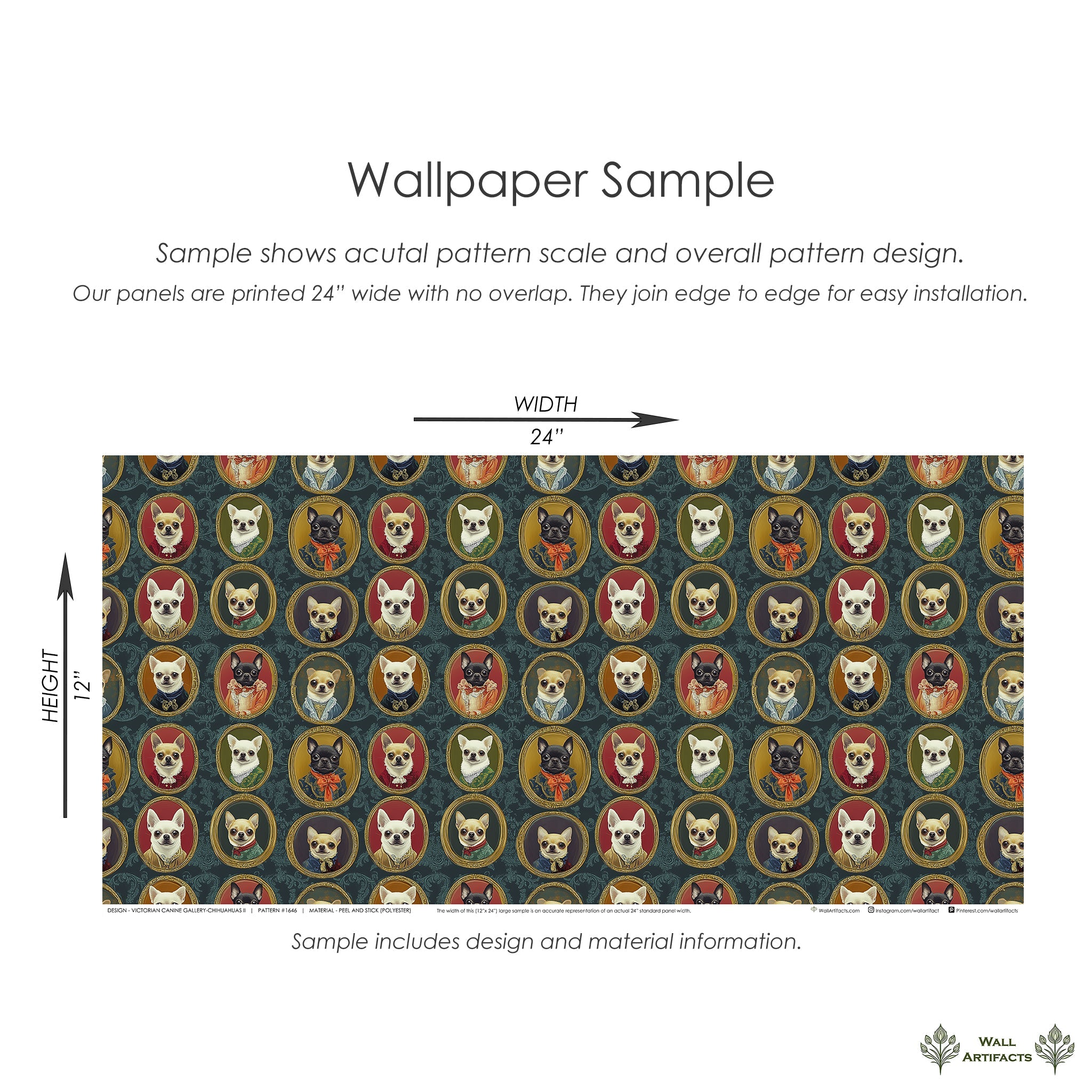 Wallpaper sample showcasing Chihuahuas in ornate frames, perfect for modern pet-friendly spaces.