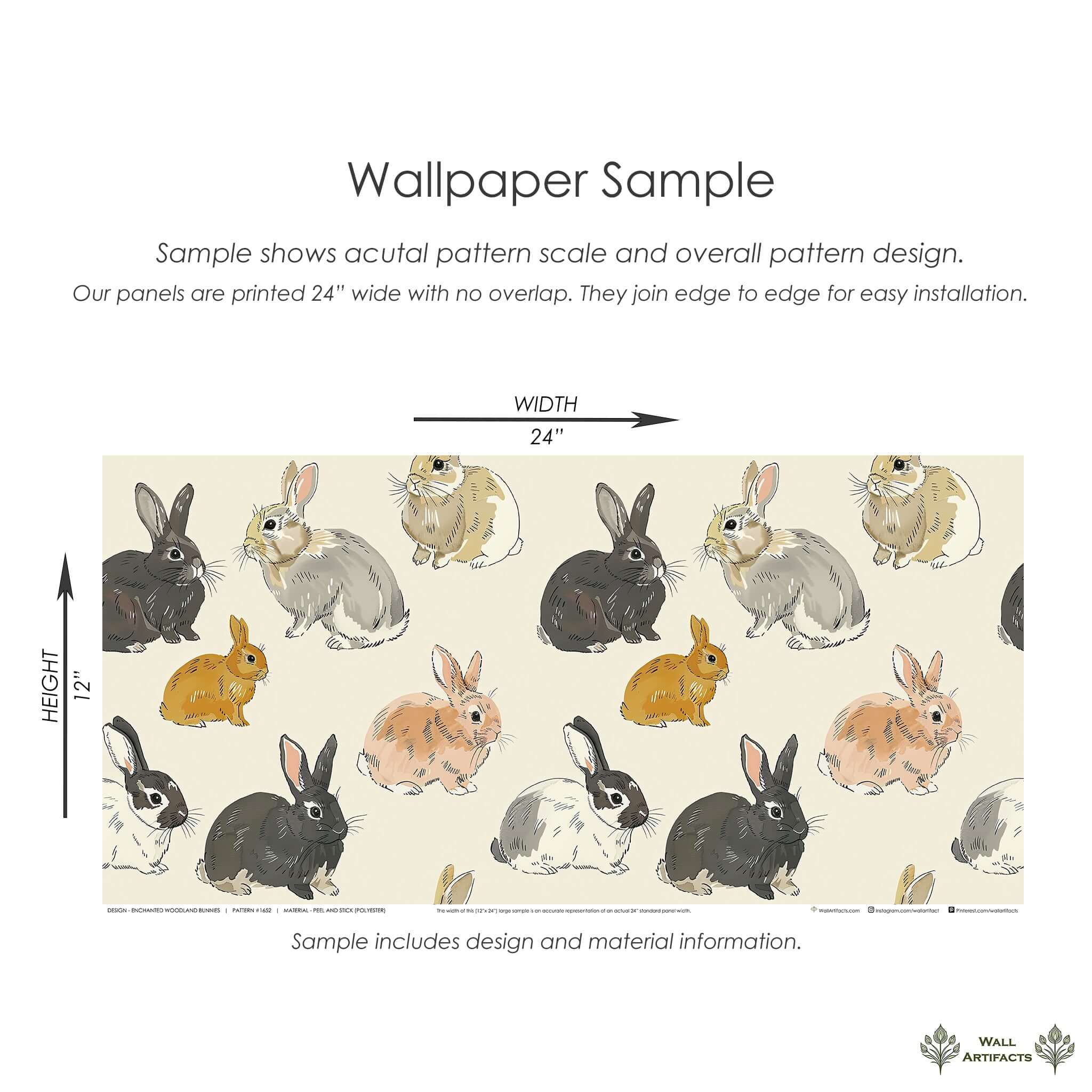 Enchanted Woodland Bunnies wallpaper sample with hand-drawn rabbits on a tan background, ideal for nurseries and children's rooms.