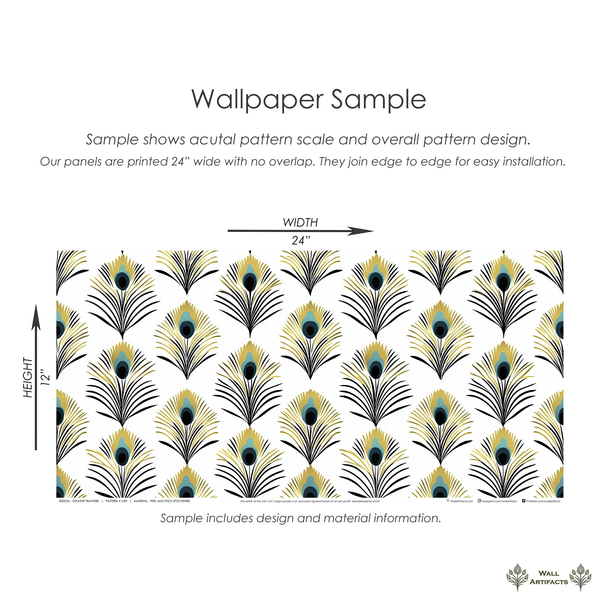Sample of Opulent Feathers Wallpaper featuring peacock feathers in Art Deco style on white background.