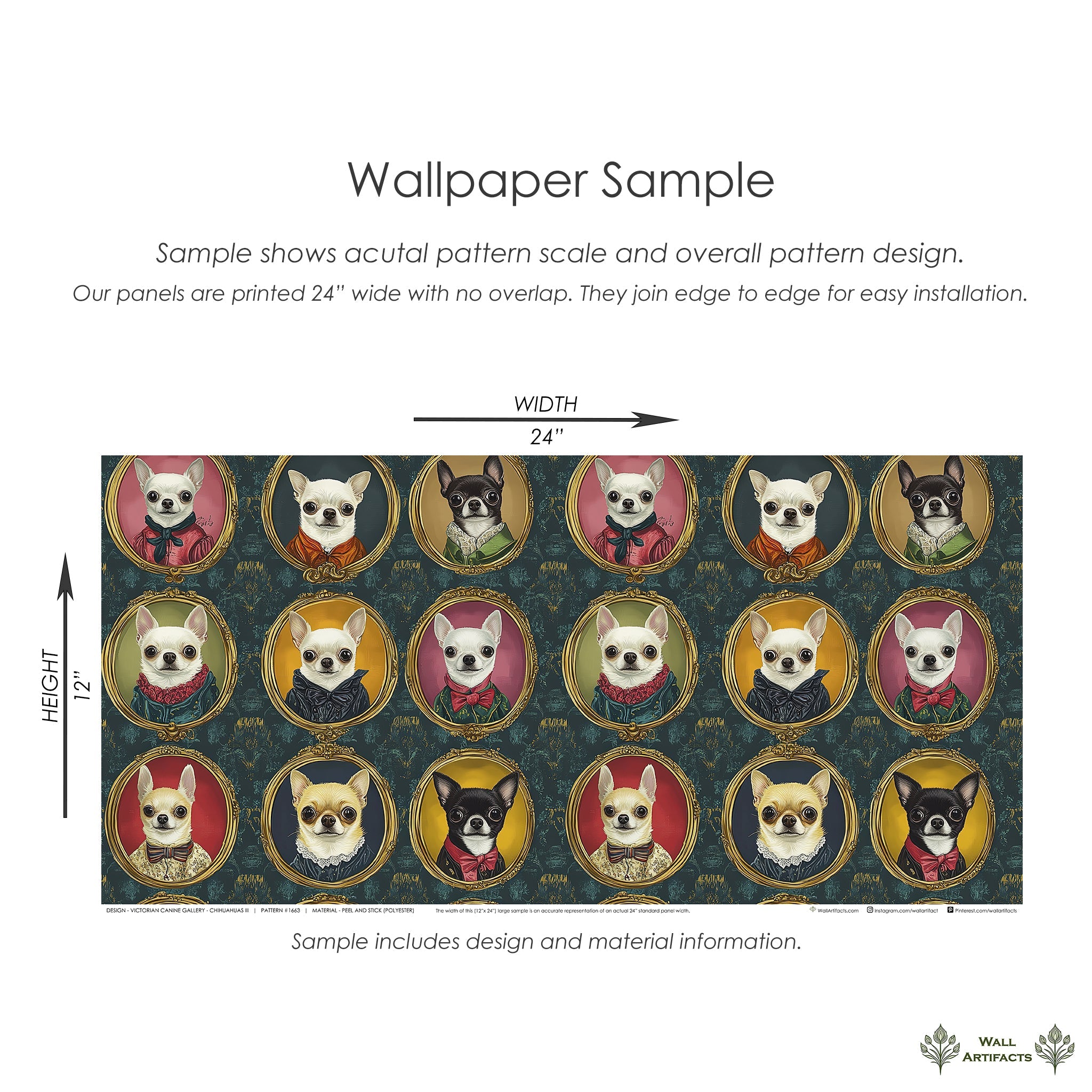 Wallpaper sample of Victorian Canine Gallery featuring Chihuahuas in ornate frames on vintage background.