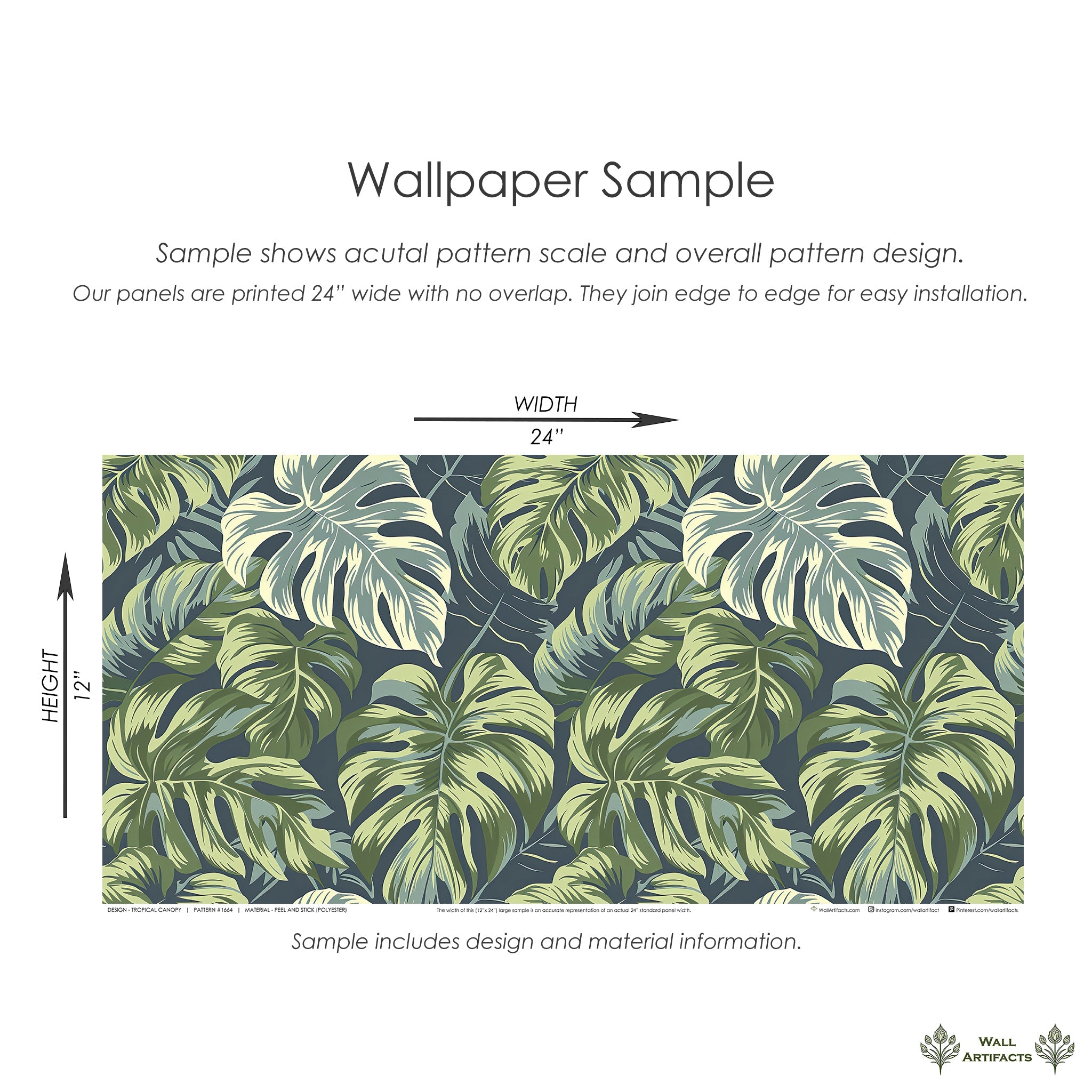 Tropical Canopy wallpaper sample showcasing lush monstera leaves and coastal foliage design.
