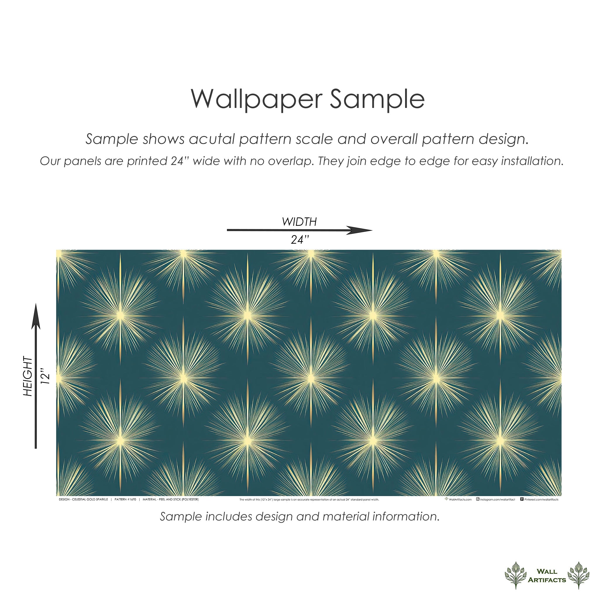 Sample of Champagne Starburst wallpaper showing gold starburst design on deep blue background, ideal for mid-century modern decor.