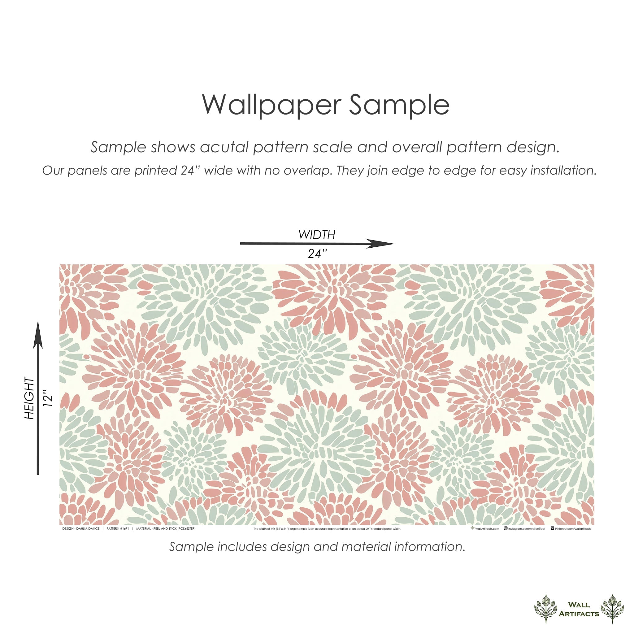 Dahlia Dance wallpaper sample showing modern coral and mint floral pattern design in 24x12 inch size.