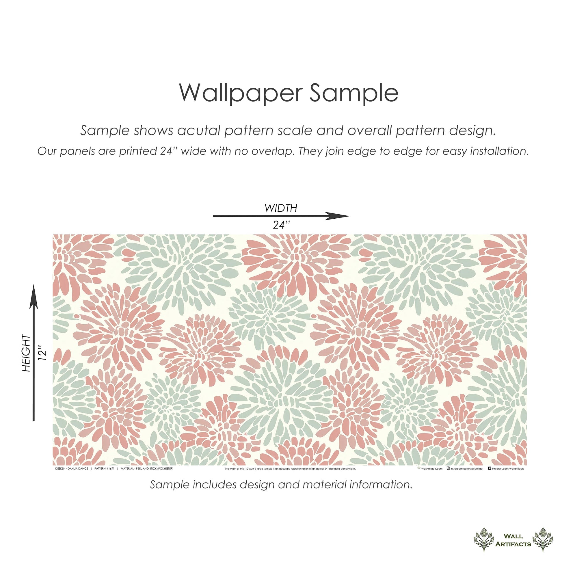 Dahlia Dance wallpaper sample showing modern coral and mint floral pattern design in 24x12 inch size.