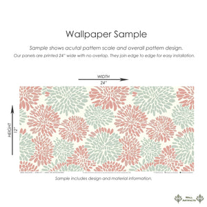 Dahlia Dance wallpaper sample showing modern coral and mint floral pattern design in 24x12 inch size.