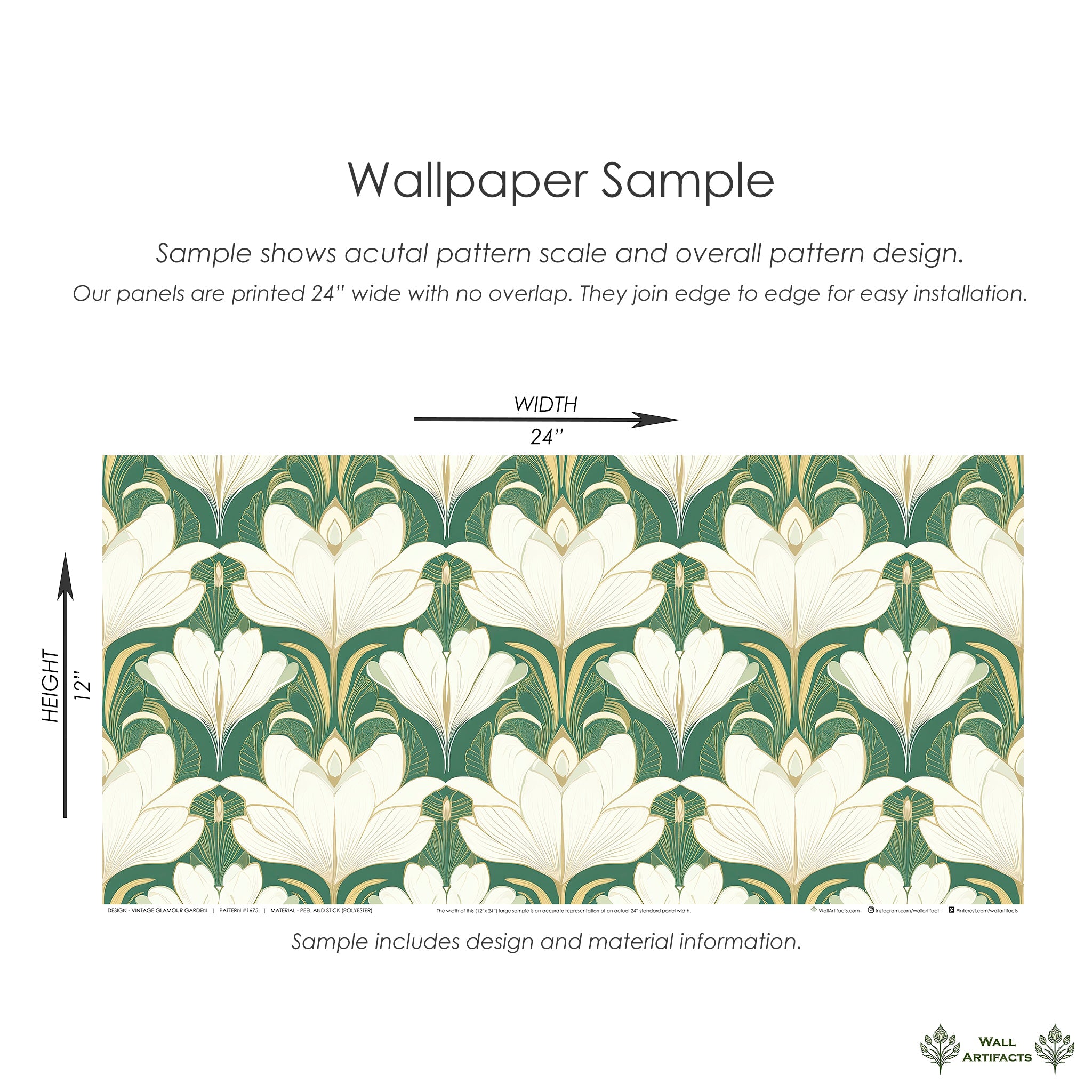 Vintage Glamour Garden wallpaper sample showcasing ivory flowers and golden accents on a deep green background.