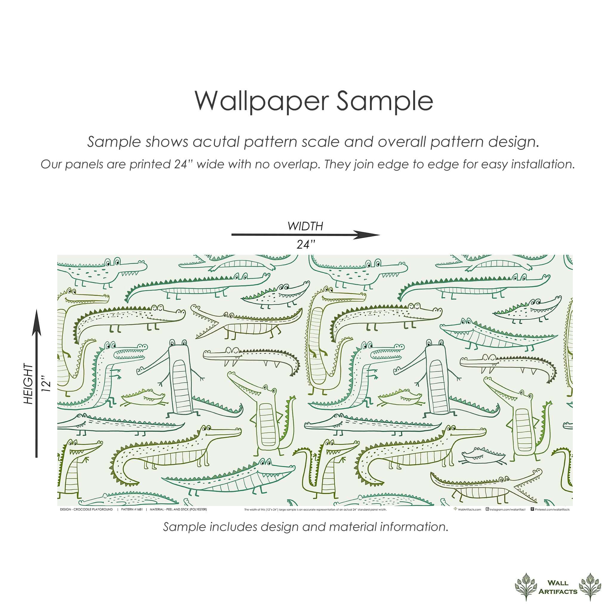 Sample of Crocodile Playground Wallpaper for nurseries and playrooms featuring hand-drawn green crocodiles on pale background, 24" wide.