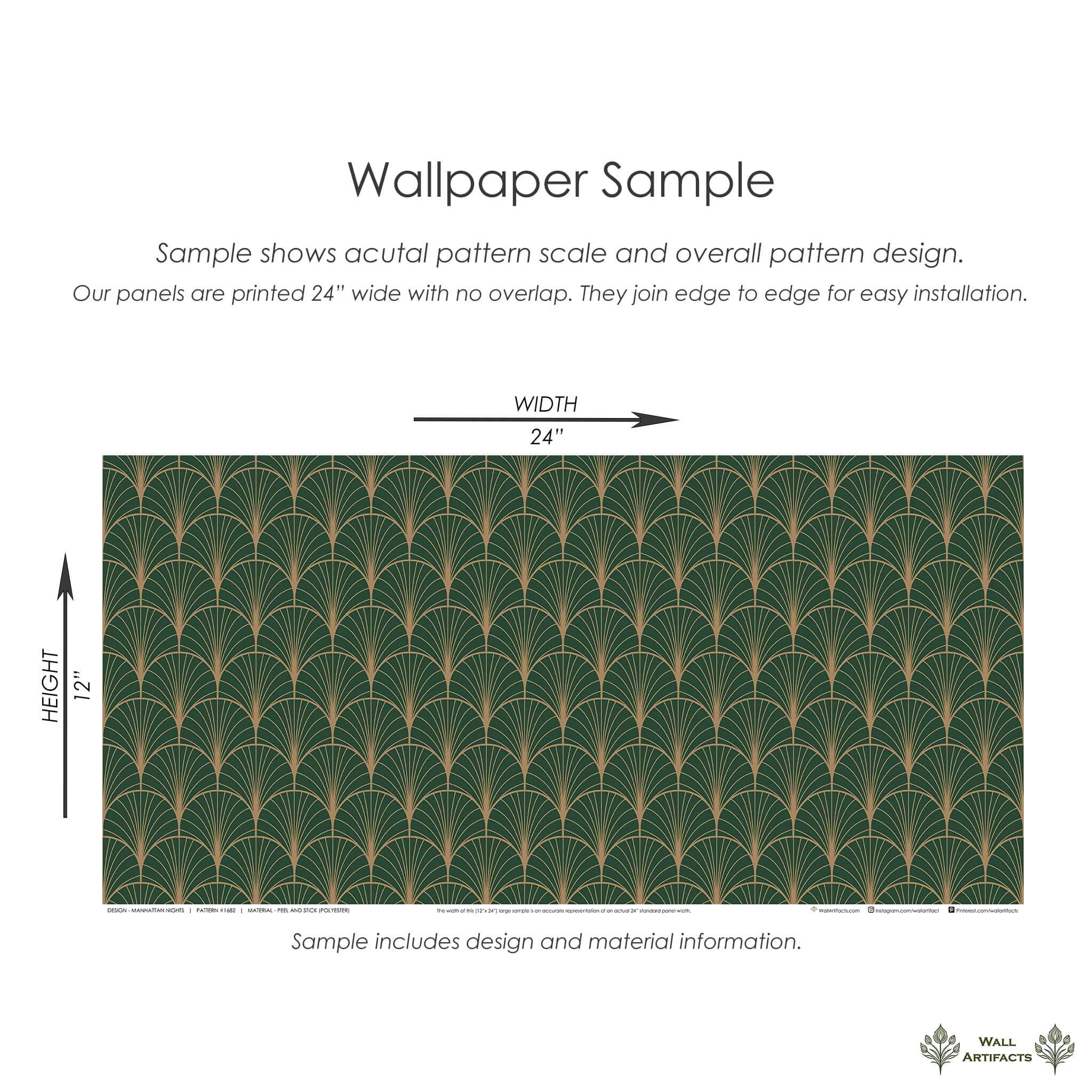 Art Deco geometric wallpaper sample with emerald green and gold fan motif, ideal for adding luxury to any space.