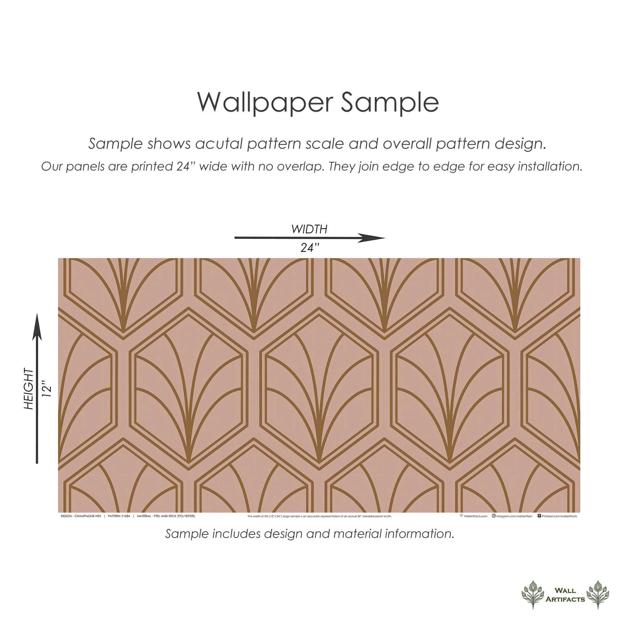 Art Deco geometric wallpaper sample with champagne-pink and bronze fan design in hexagonal frames.