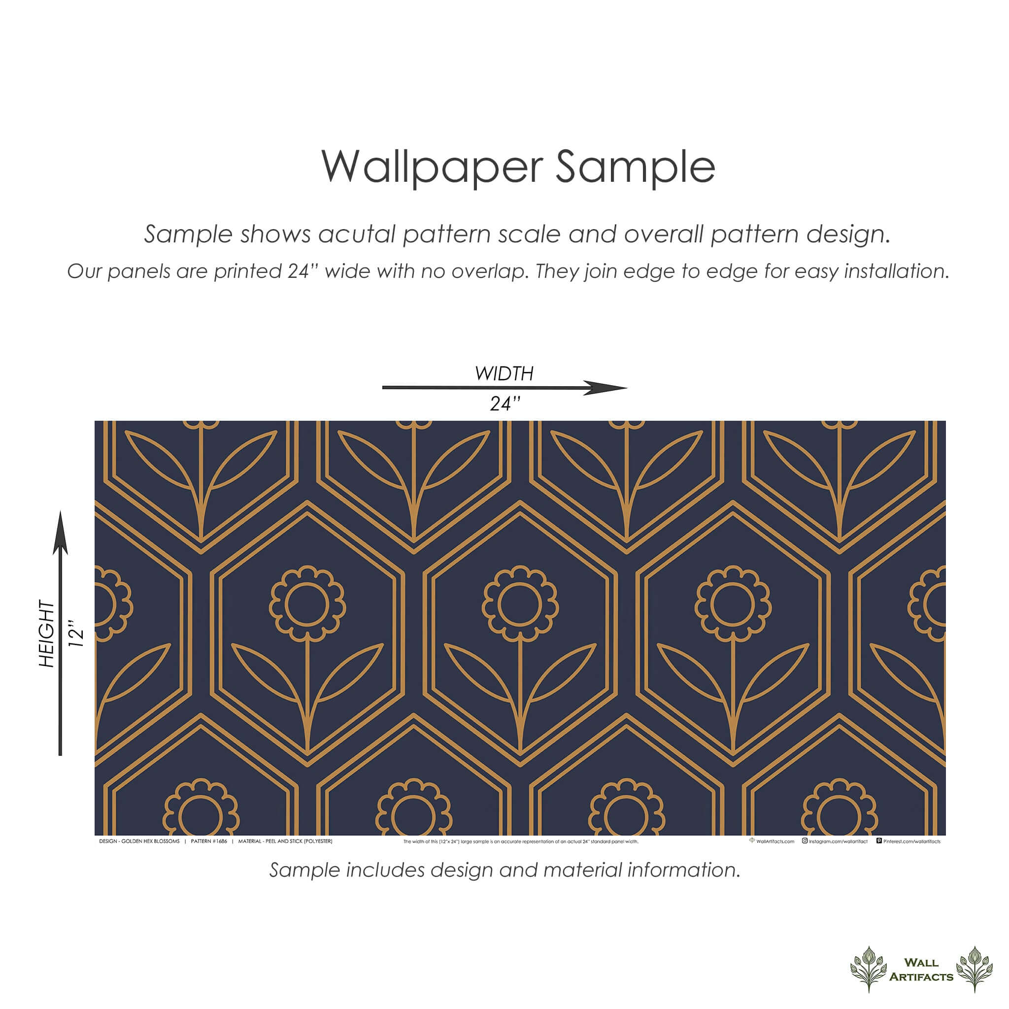 Golden Hex Blossoms Wallpaper Sample with art deco geometric and floral design in navy and gold, ideal for modern decor.
