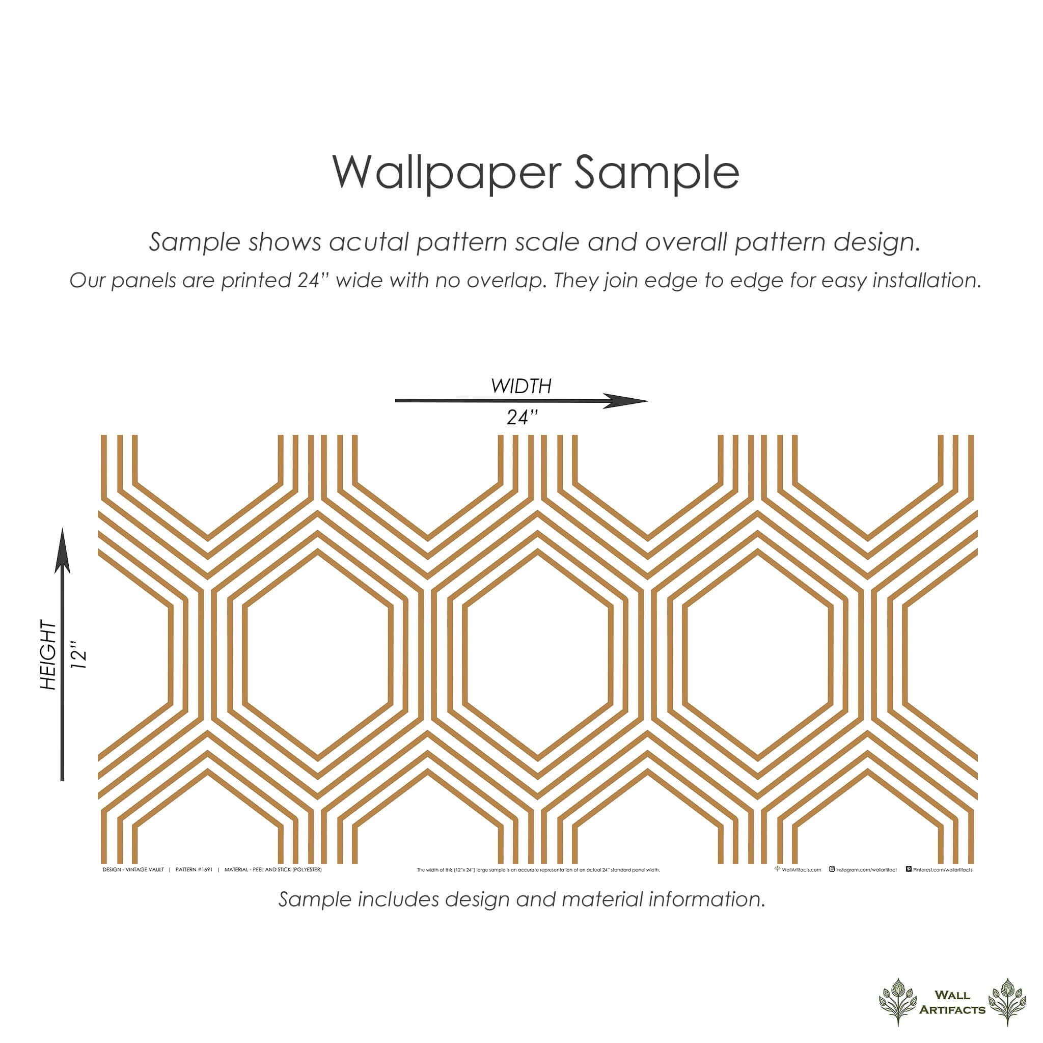 Sample of Vintage Vault's Art Deco geometric wallpaper featuring warm bronze hexagonal outlines on white, ideal for modern interiors.