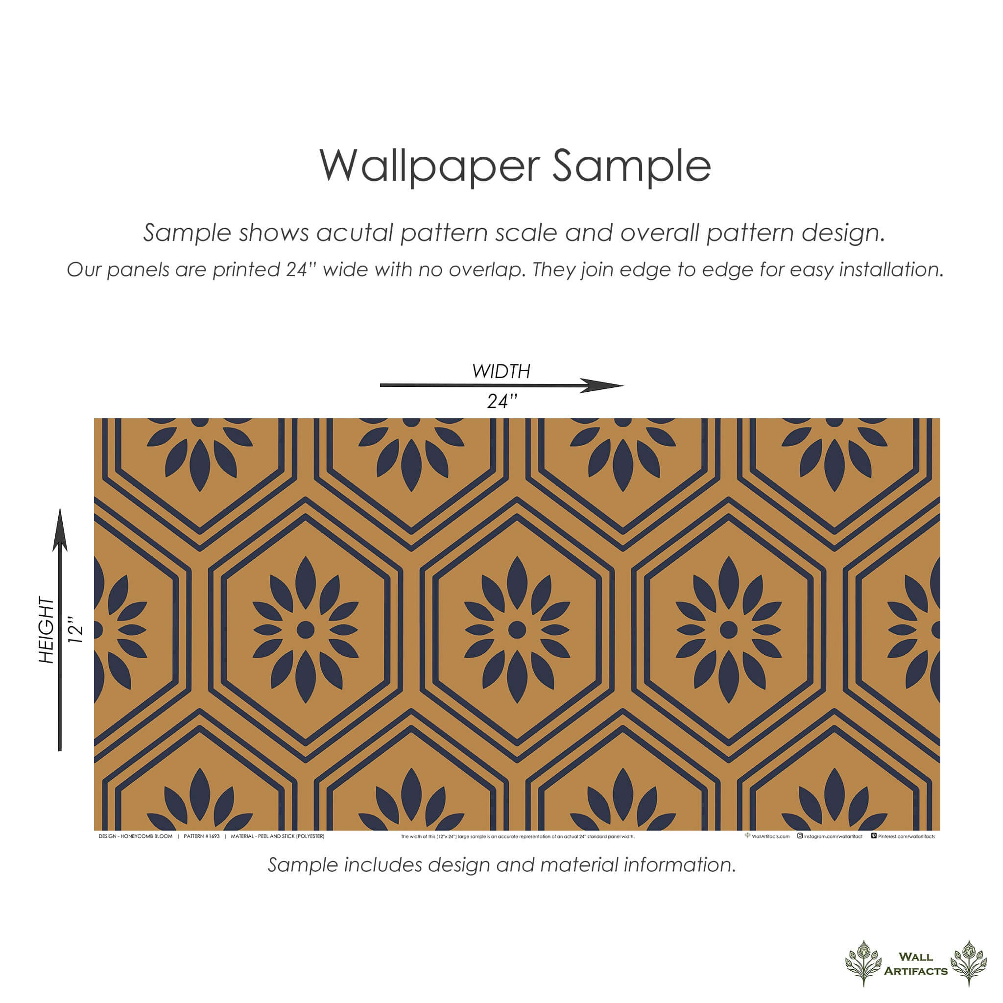 Geometric floral art deco wallpaper sample with black designs on an ochre honeycomb background, showing pattern scale.