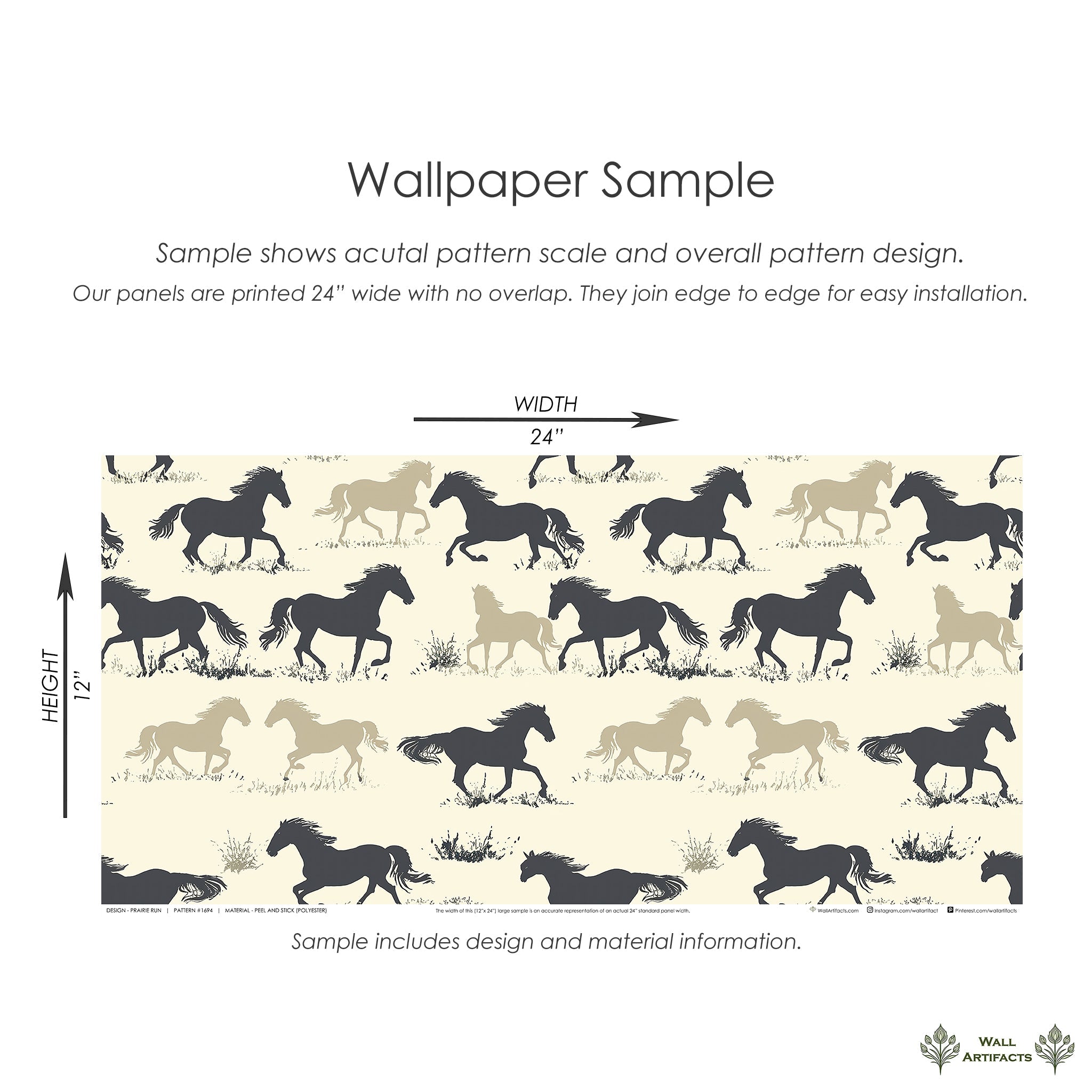 Prairie Run wallpaper sample featuring horse silhouettes in black, brown, and tan, showcasing a dynamic pattern for western-themed spaces.