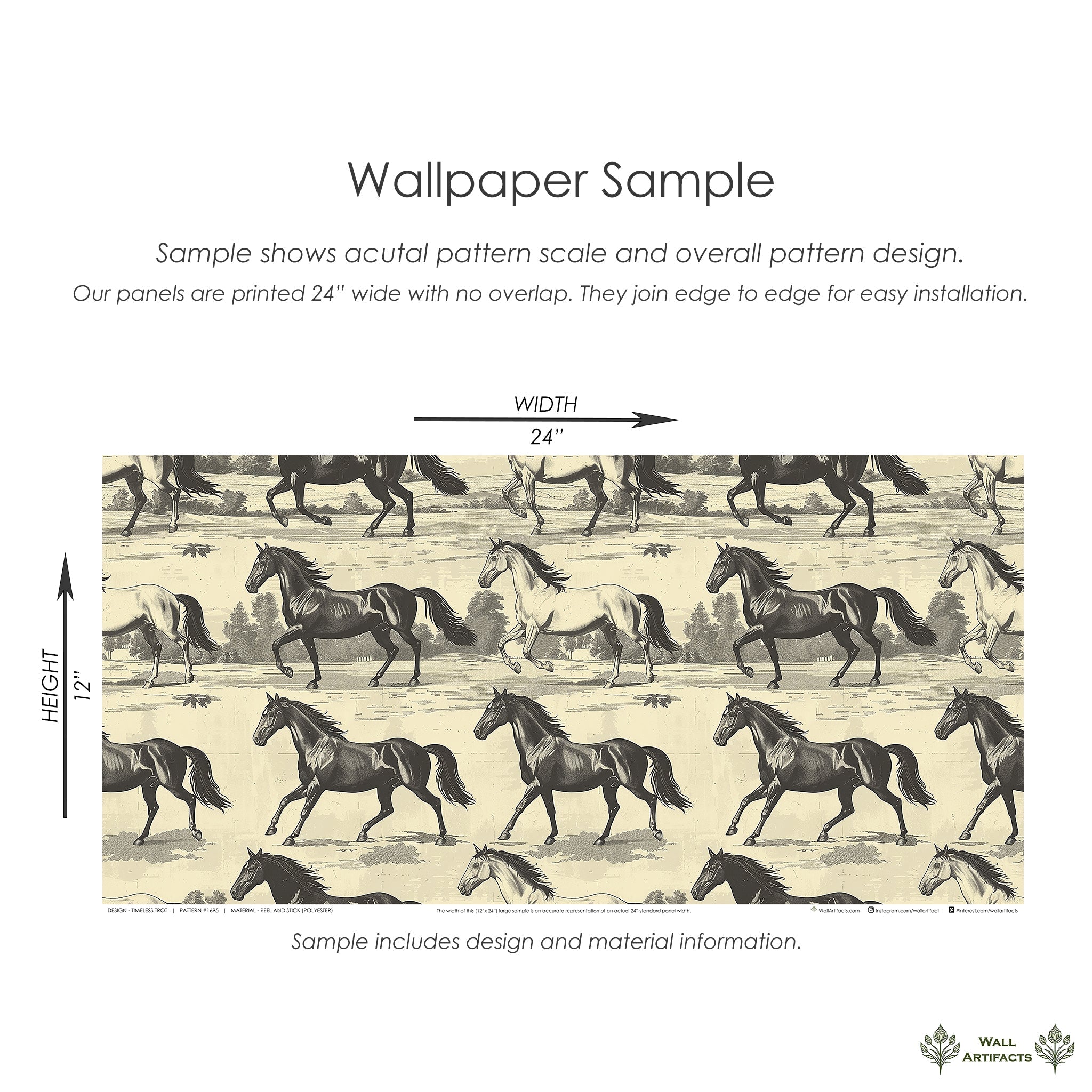 Vintage horse wallpaper sample with black, brown, and tan horses in countryside, ideal for rustic interiors and equestrian lovers.