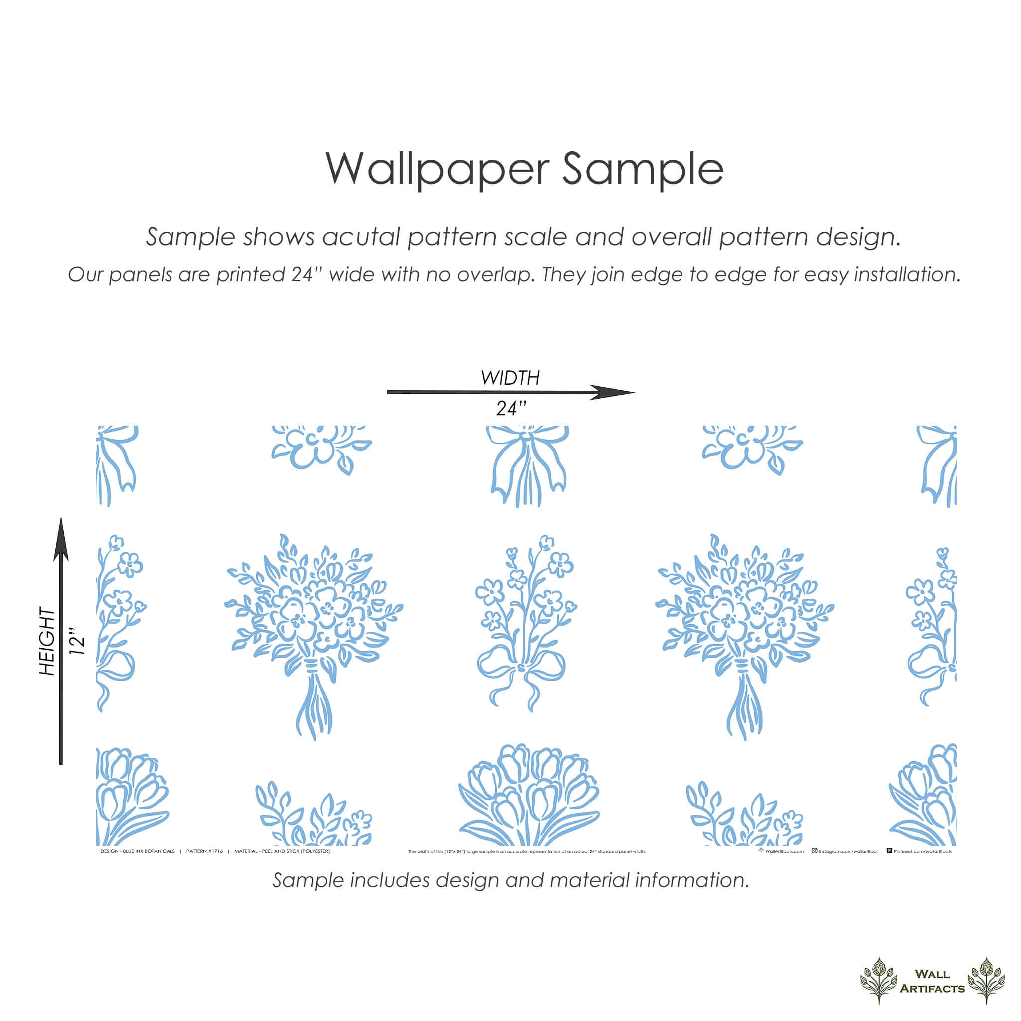 "Blue Ink Botanicals Wallpaper Sample - Hand-drawn Florals in Blue on White Background, Ideal for Timeless Cottage Design"