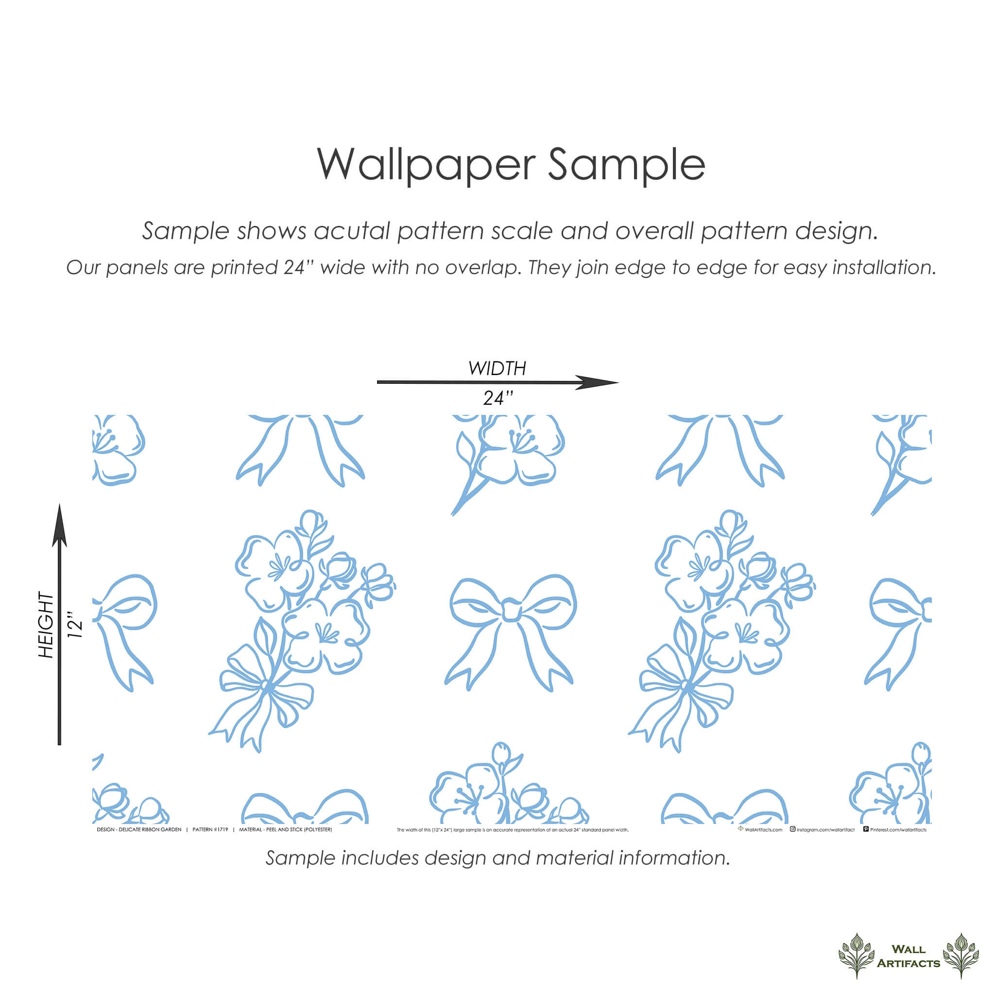 Blue and white floral wallpaper sample with ribbons, showcasing elegant French style design, perfect for charming decor.