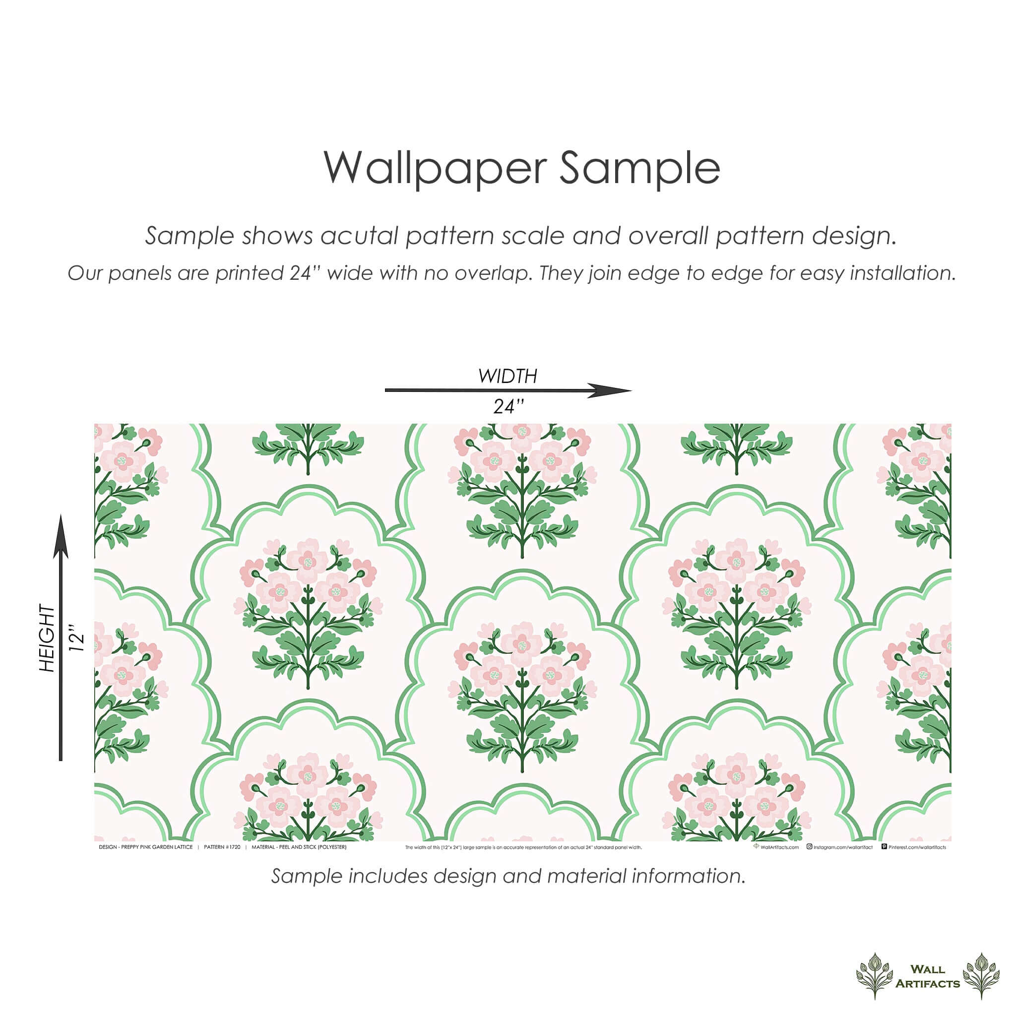 Sample of Preppy Pink Garden Lattice wallpaper featuring pink flowers, green scallops, suitable for nurseries, bedrooms, playrooms.