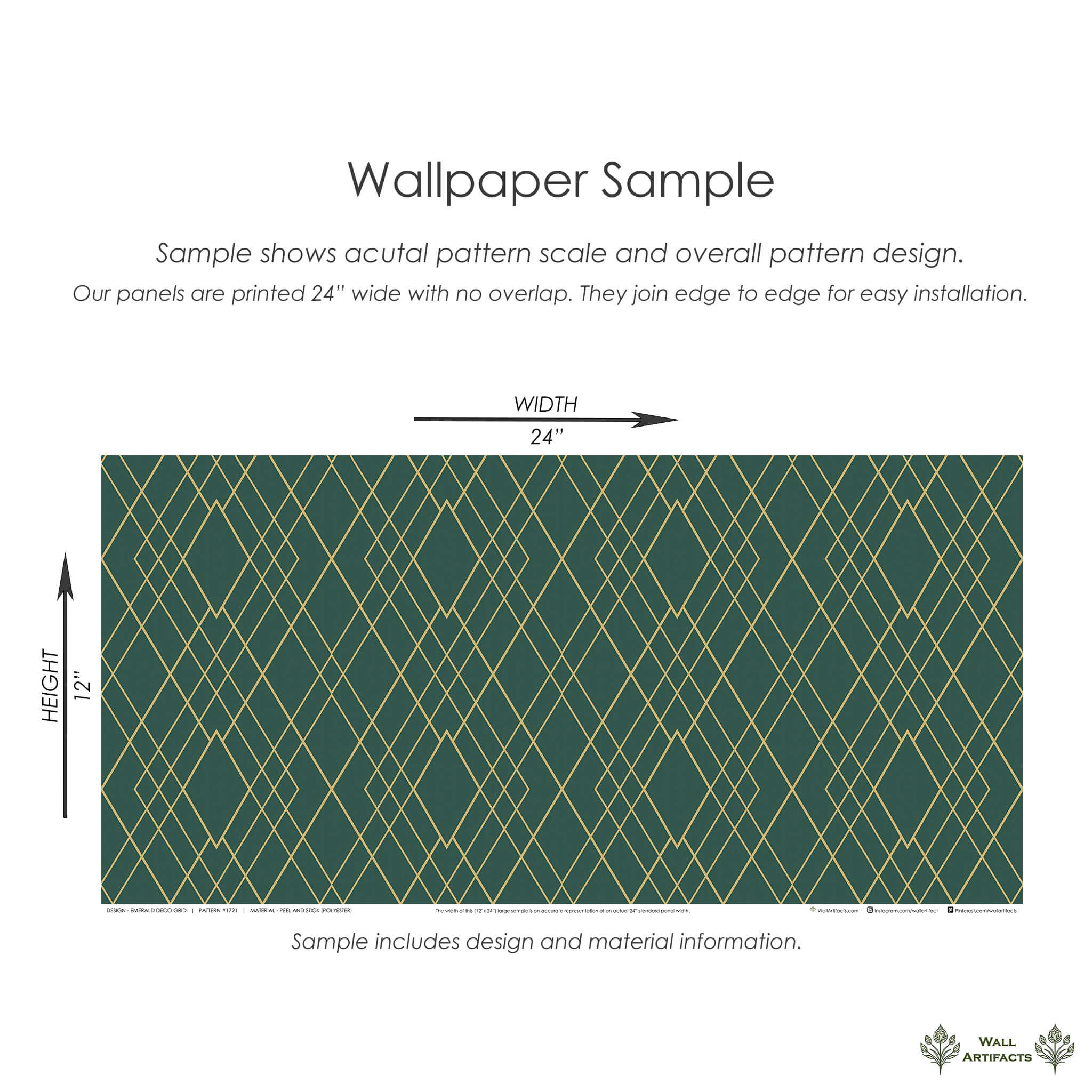Emerald Deco Grid wallpaper sample with geometric art deco gold lattice on green background, 24x12 inches from Wall Artifacts.