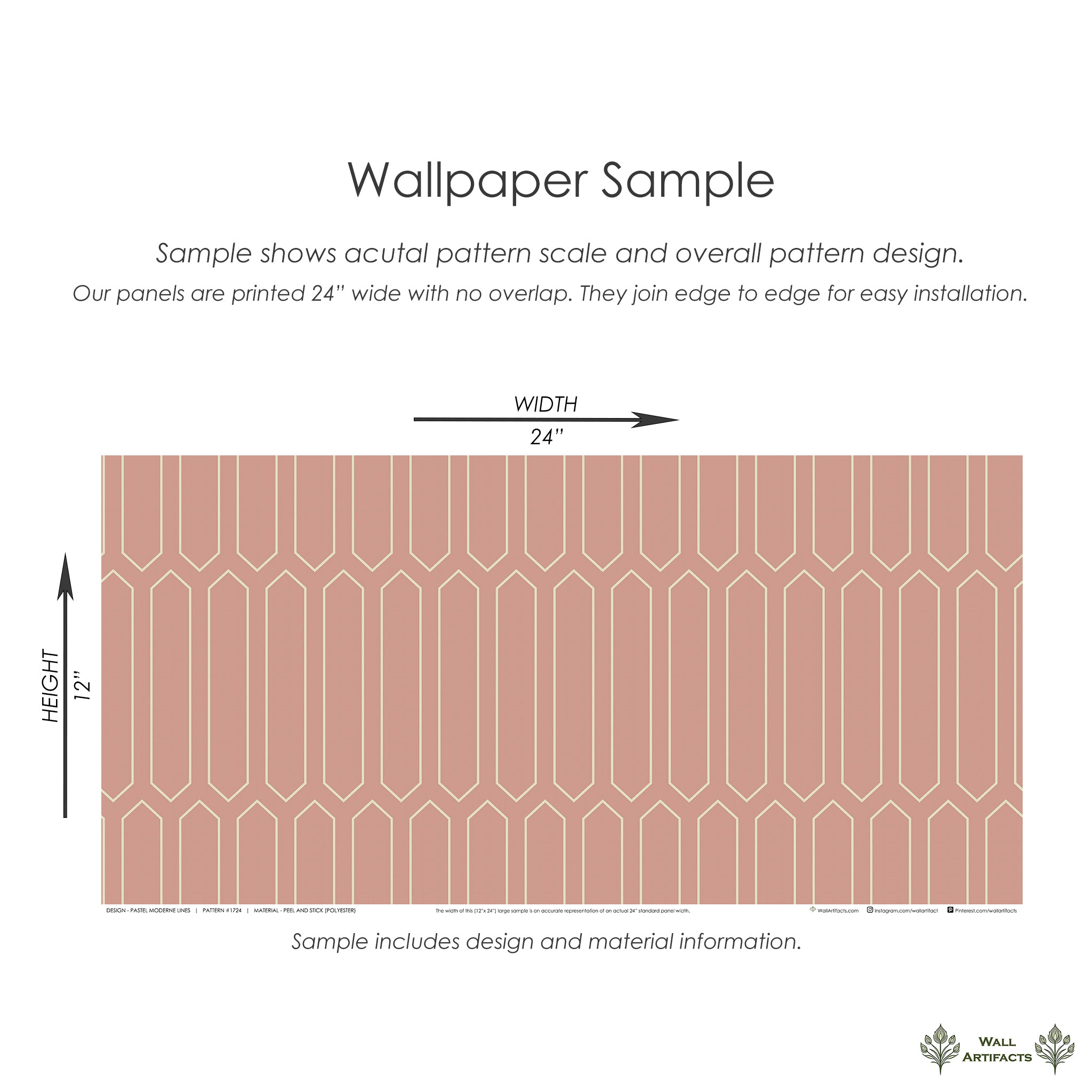 Pastel Moderne Lines art deco wallpaper sample with geometric ivory lines on blush pink, ideal for retro minimalist interiors.