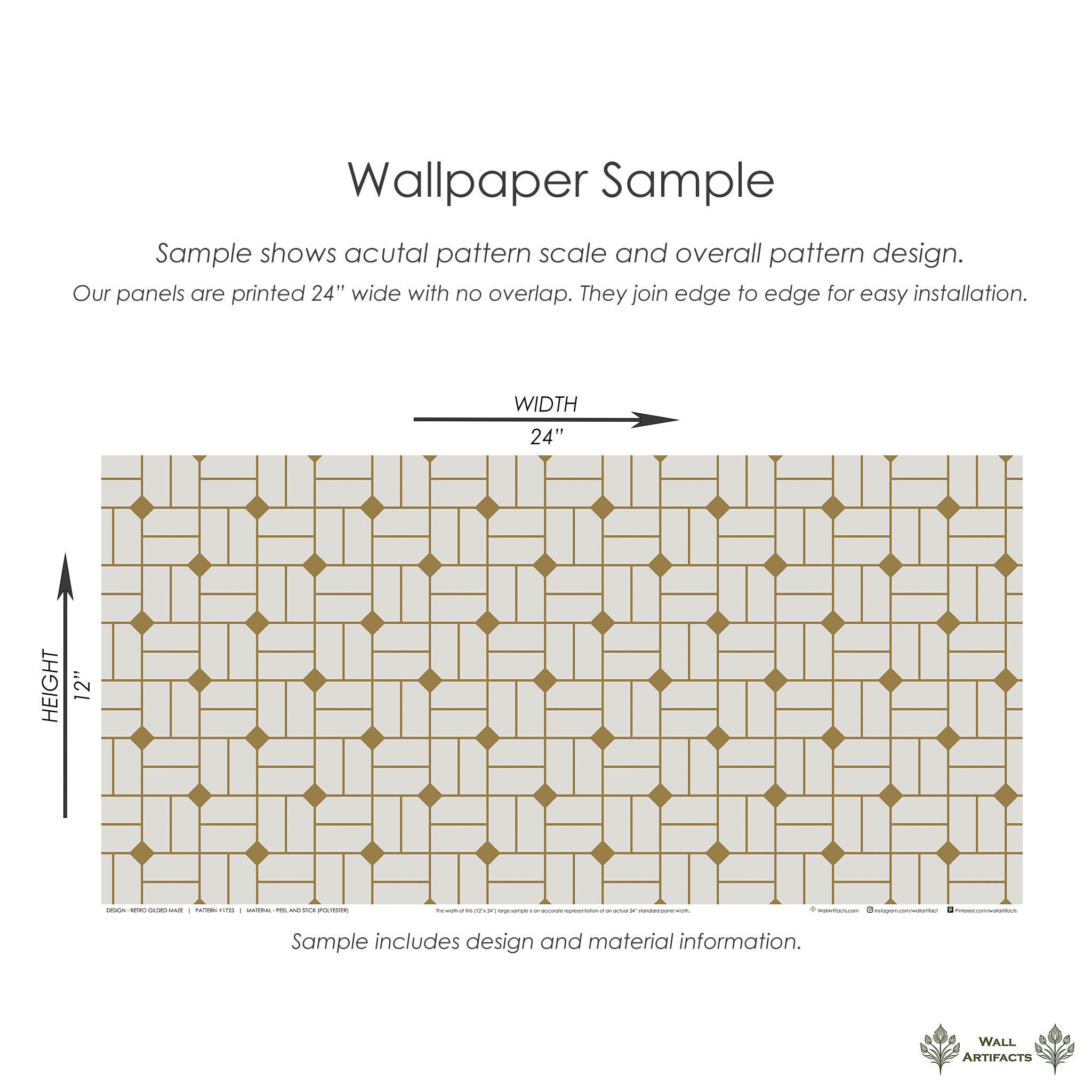 Retro Gilded Maze art deco wallpaper sample with geometric gold and white pattern, showcasing mid-century design elegance.