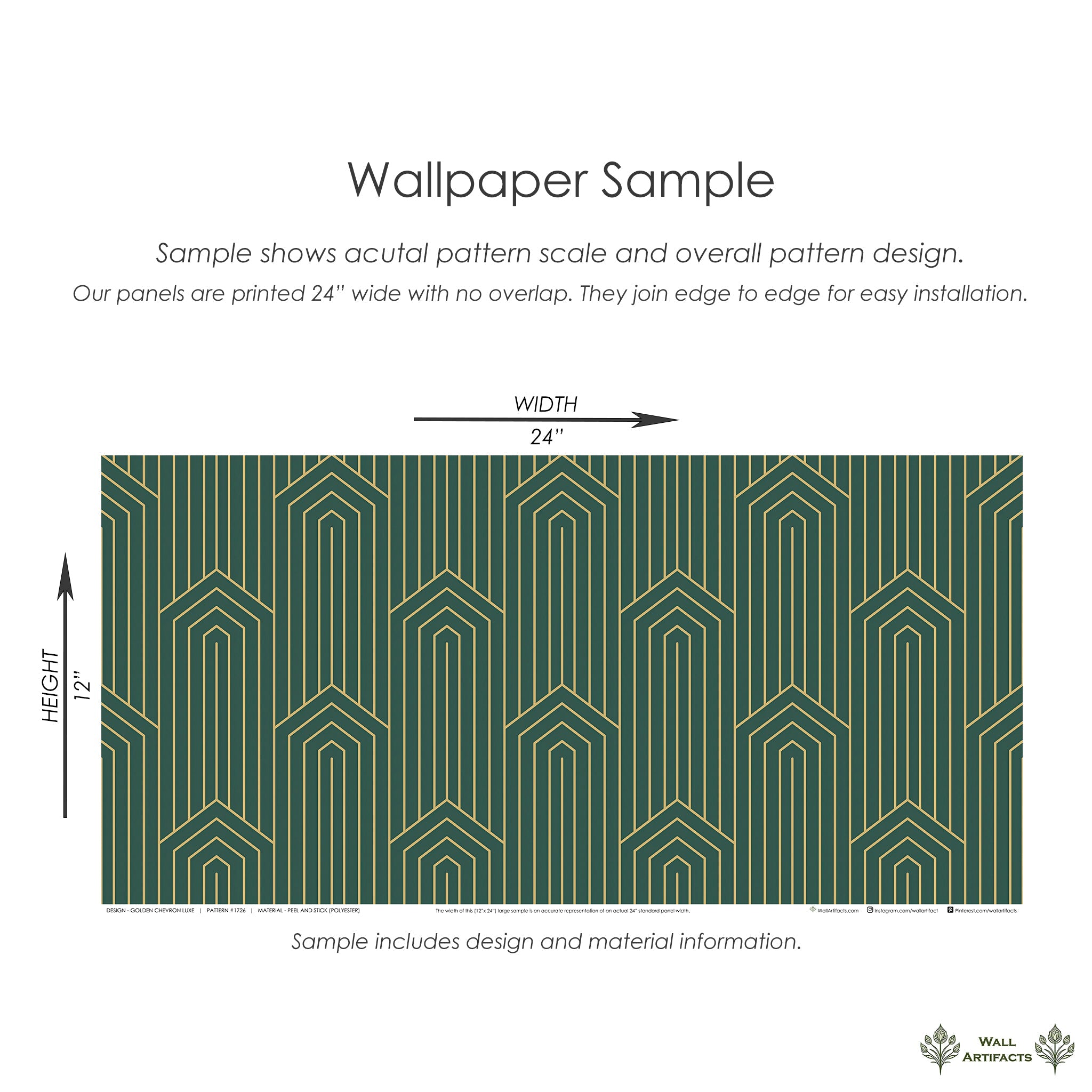 Golden Chevron Luxe wallpaper sample with art deco geometric gold pattern on emerald green background, 24x12 inches.