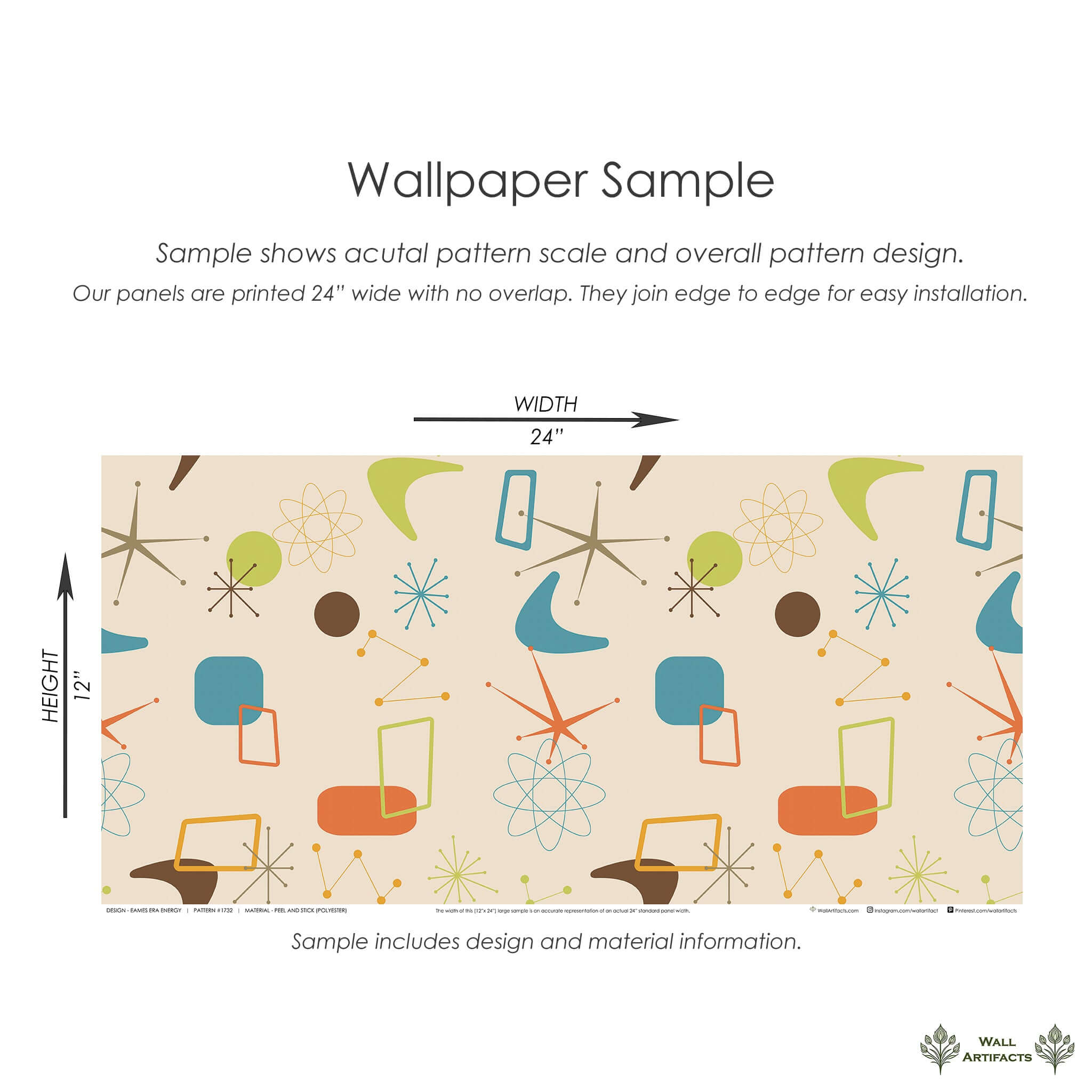 Eames Era Energy mid-century modern wallpaper sample with retro geometric patterns in turquoise, orange, lime, and mocha on cream.