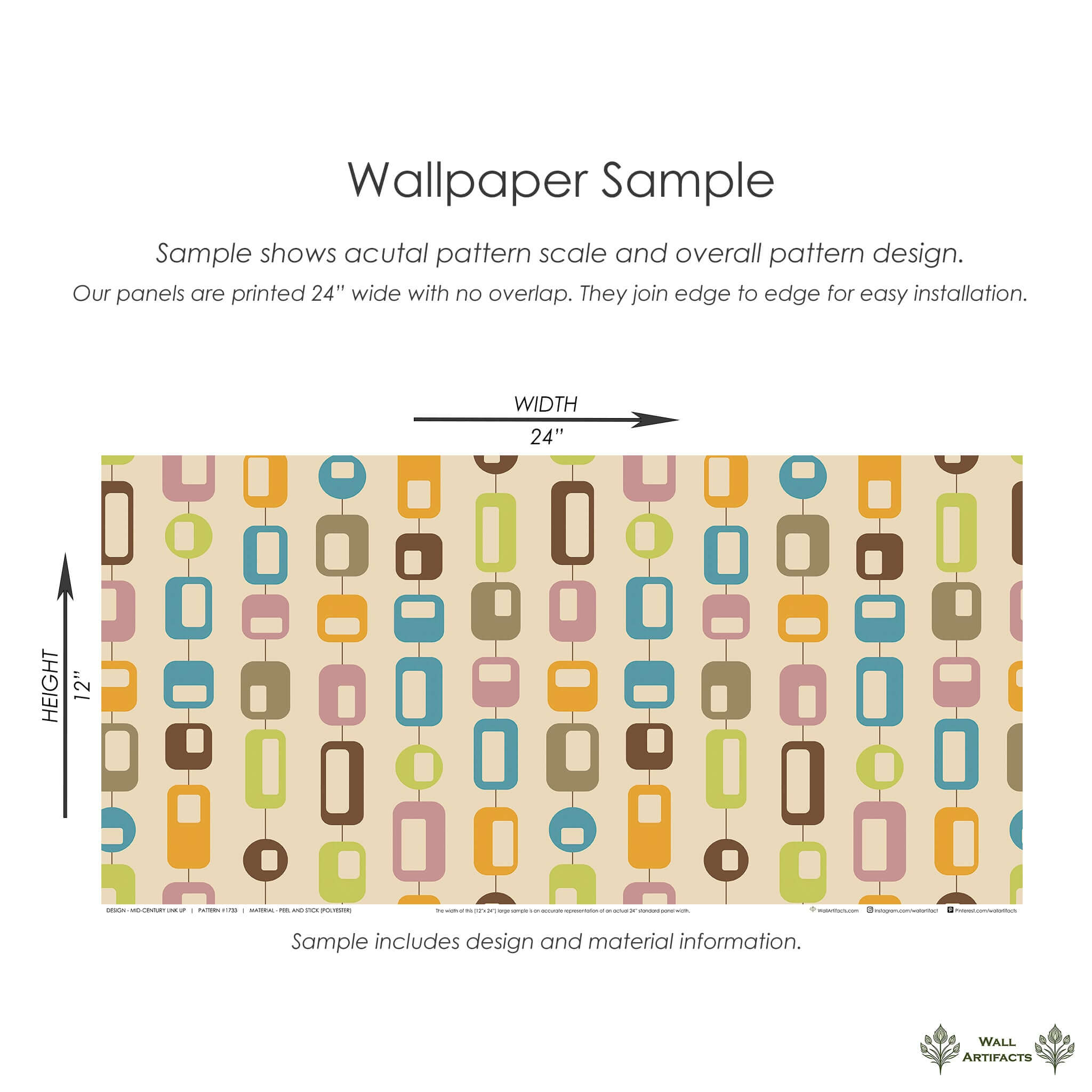 Retro geometric wallpaper sample with linked ovals and rectangles in teal, orange, pink, lime, and brown, showcasing mid-century-modern style.