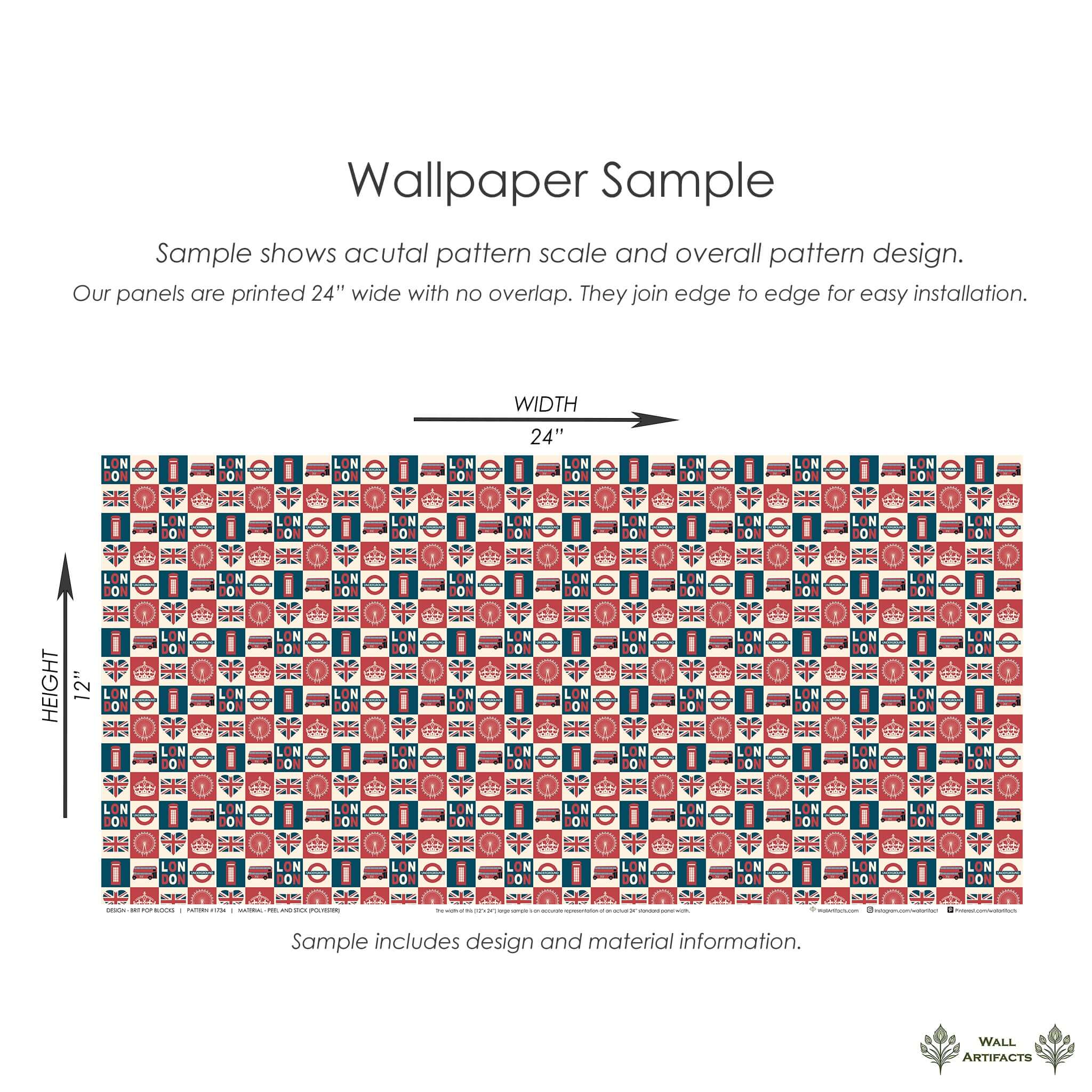 Brit Pop Blocks wallpaper sample featuring London icons in red, navy, and cream, ideal for modern art design.