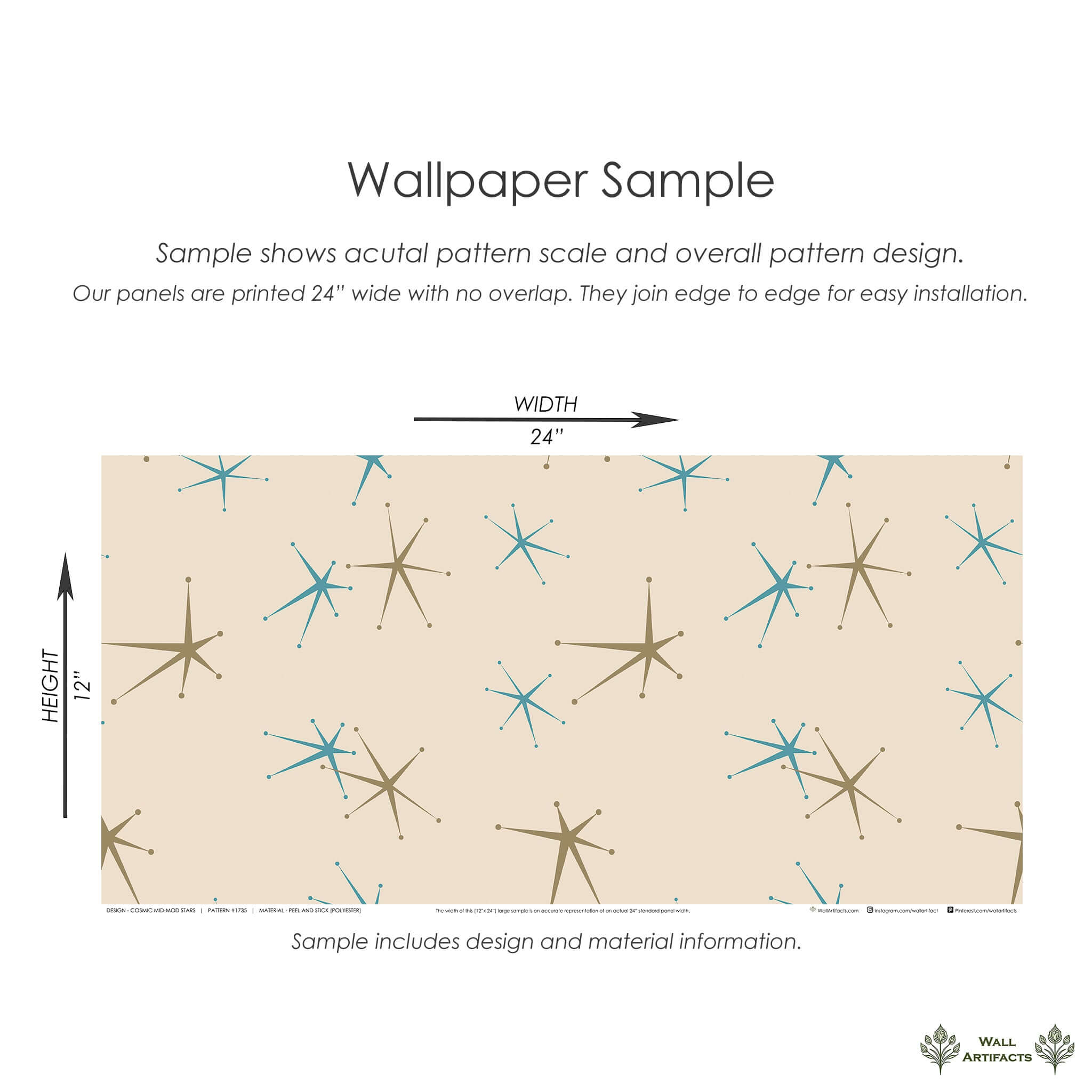 Sample of Cosmic Mid-Mod Stars Wallpaper with retro teal and taupe starbursts, mid-century modern geometric design on cream background.