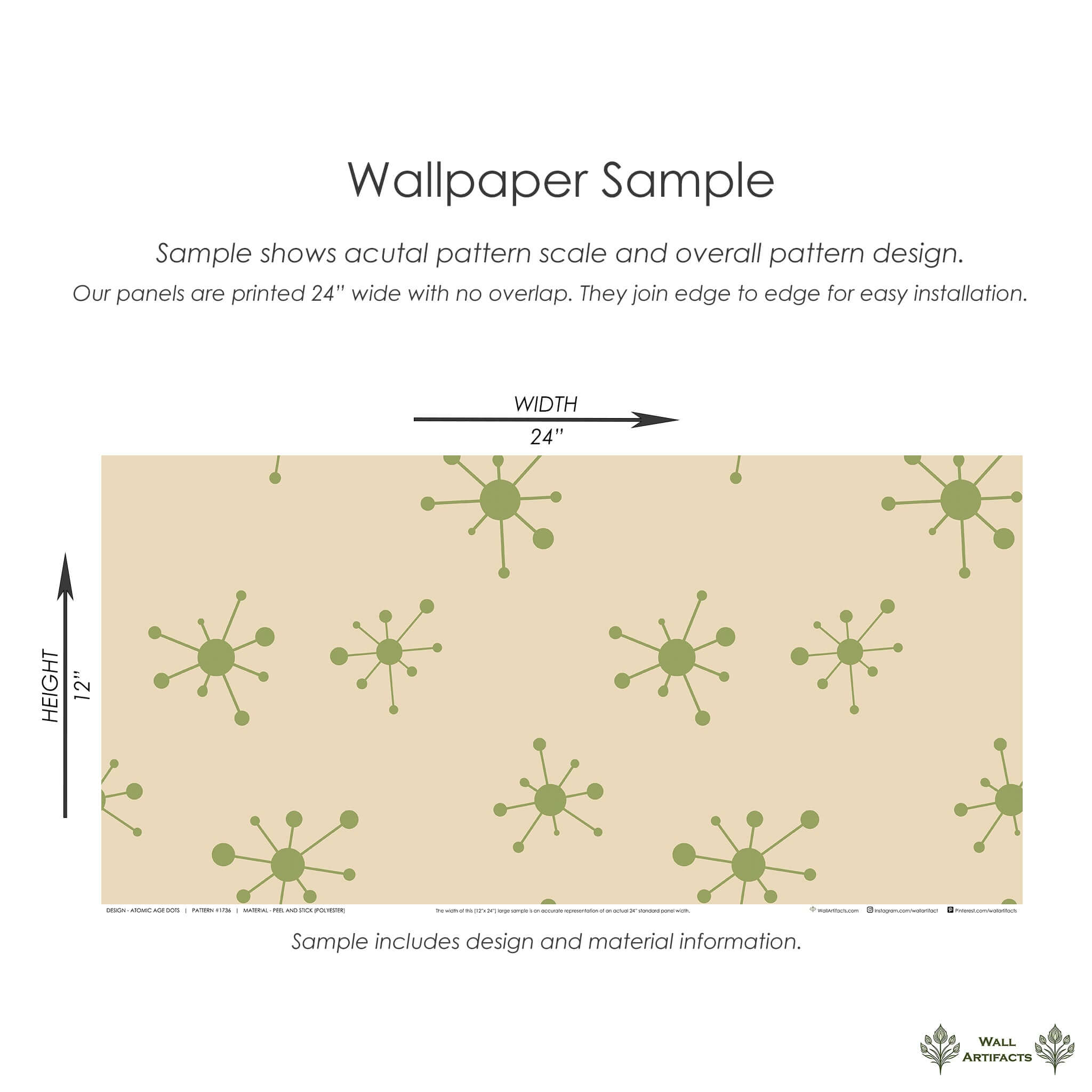 Atomic Age Dots wallpaper sample with mid-century modern geometric design featuring green retro patterns on beige background, 24x12 inches.
