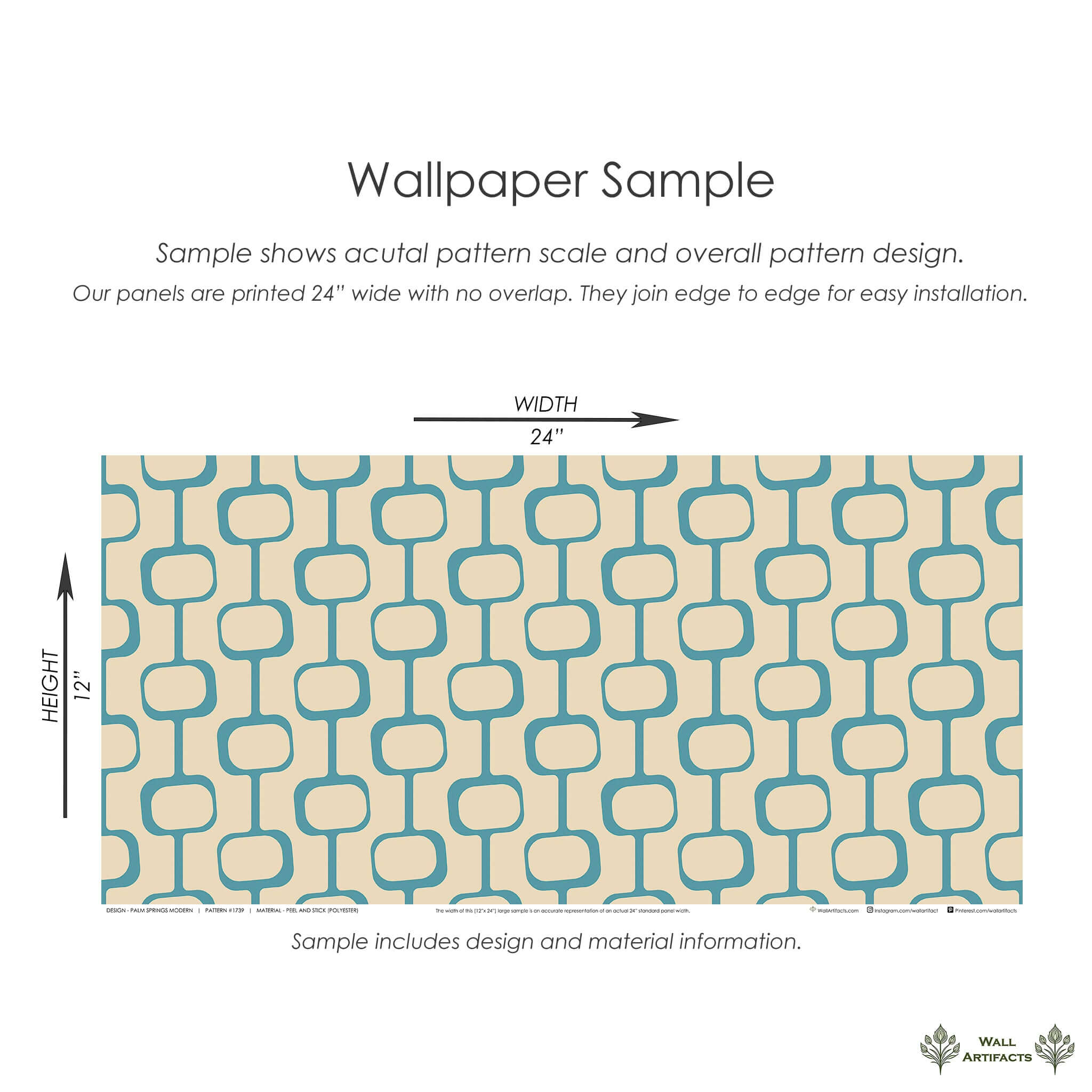 Palm Springs Modern wallpaper sample with geometric teal chain-link pattern on beige background, ideal for mid-century modern design.