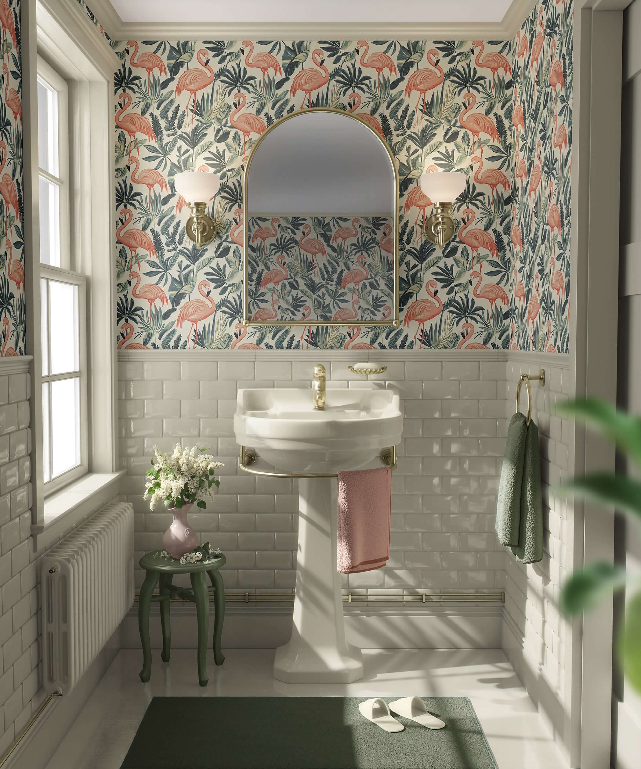 Small bathroom featuring Flamingo Oasis wallpaper with mid-century modern design, highlighting flamingos amidst coastal greenery.