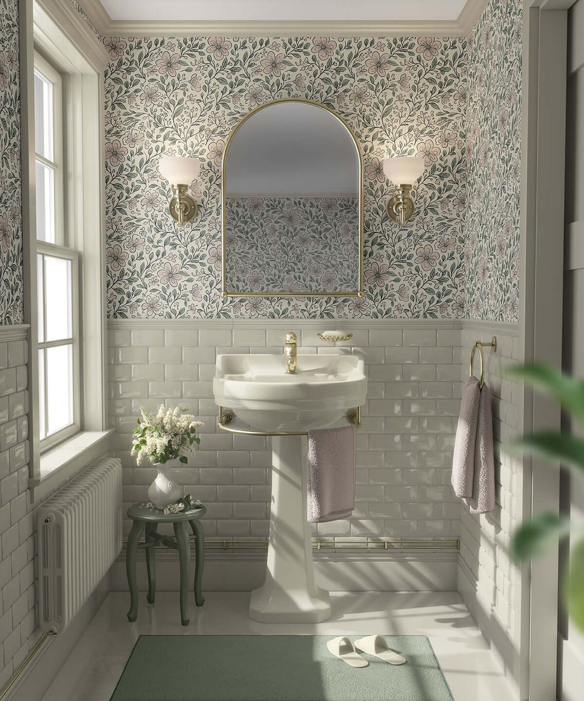 Charming bathroom with Enchanted Blossoms wallpaper, featuring hand-drawn florals in natural tones for a cottagecore look.